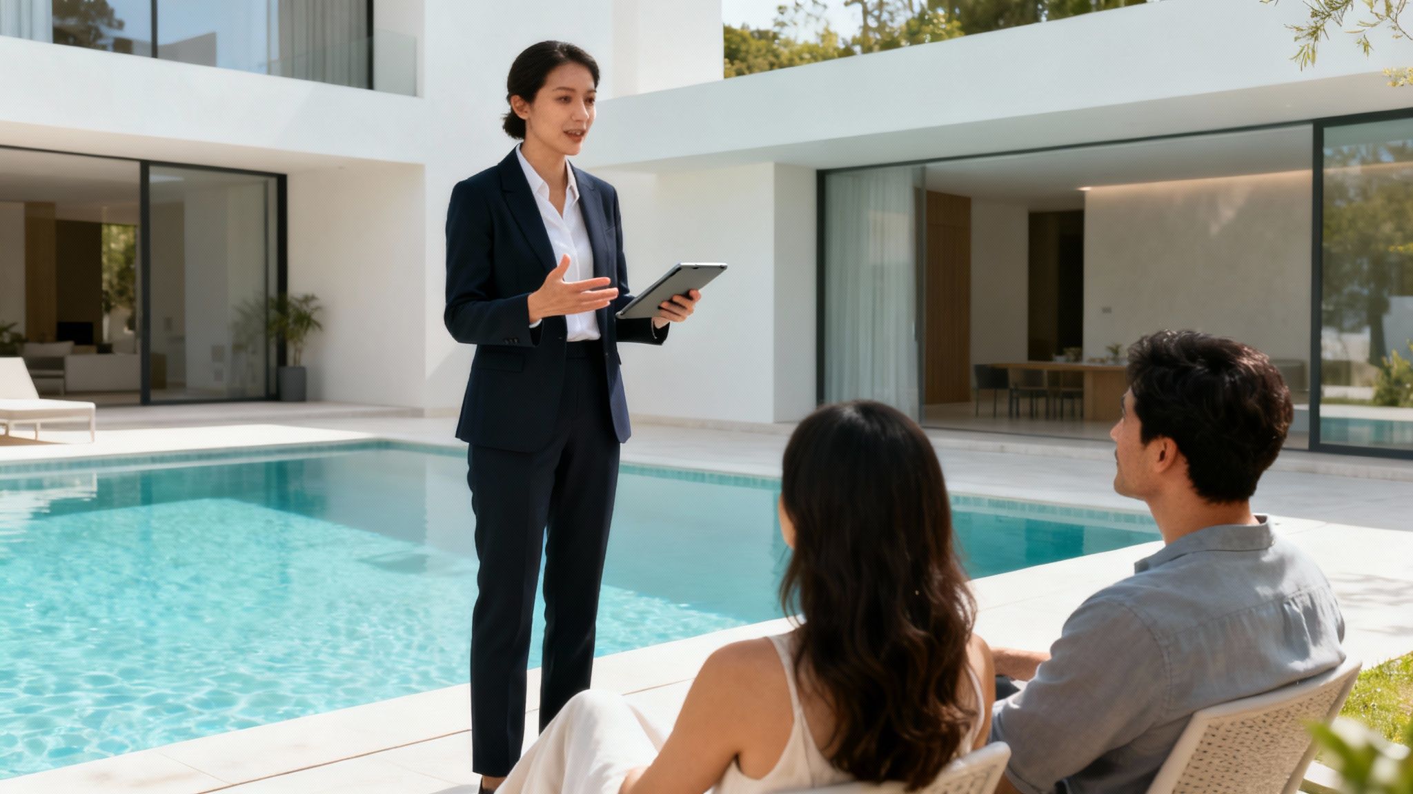 pool cleaner real estate - Le guide complet pour choisir votre aspirateur de piscine idéal Une agente immobilière présente une maison moderne avec piscine à un couple, discutant des détails.