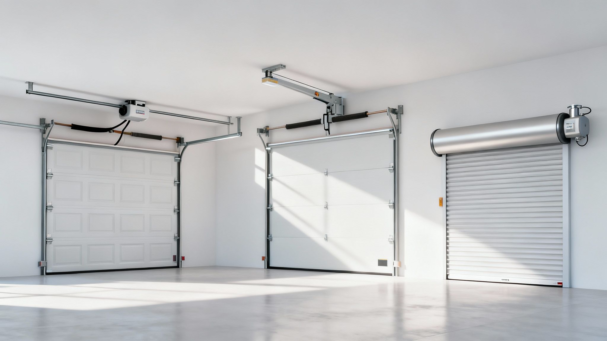 Trois types de portes de garage automatiques avec leurs moteurs, installées dans un intérieur blanc et lumineux.