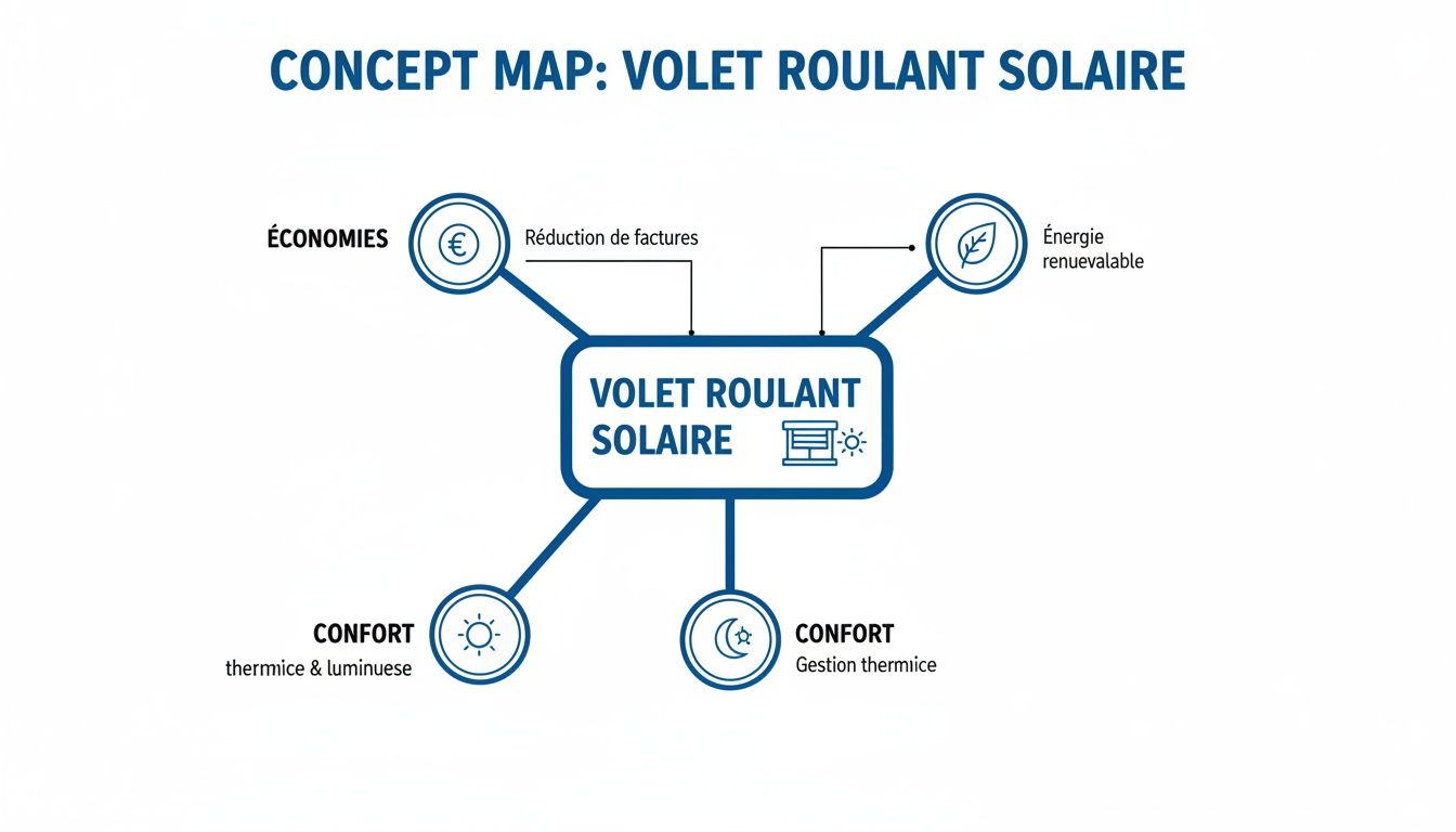 Carte conceptuelle détaillant les bénéfices d'un volet roulant solaire: économies, énergie renouvelable et confort thermique.