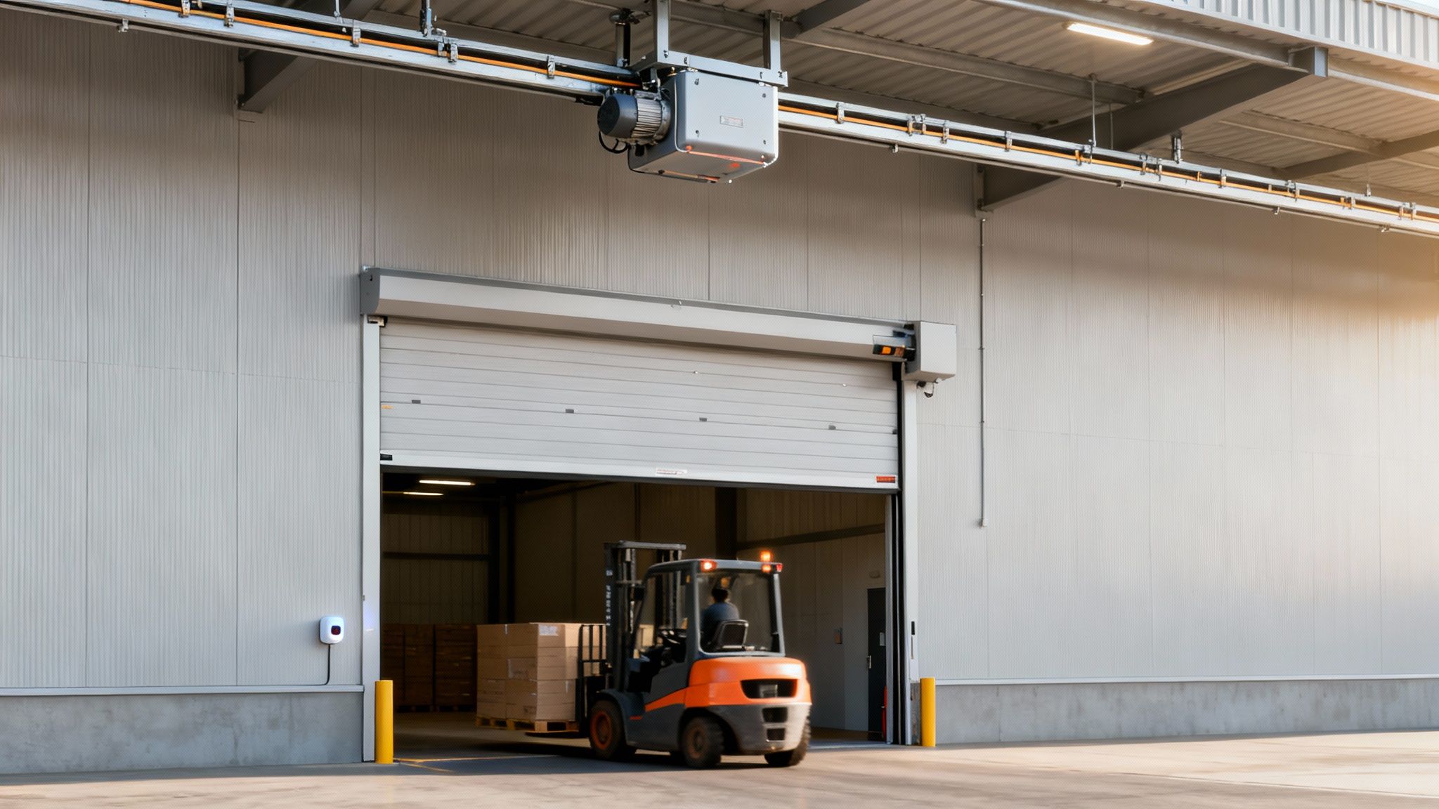 Un chariot élévateur quitte un entrepôt moderne par une porte sectionnelle industrielle ouverte, transportant des palettes.