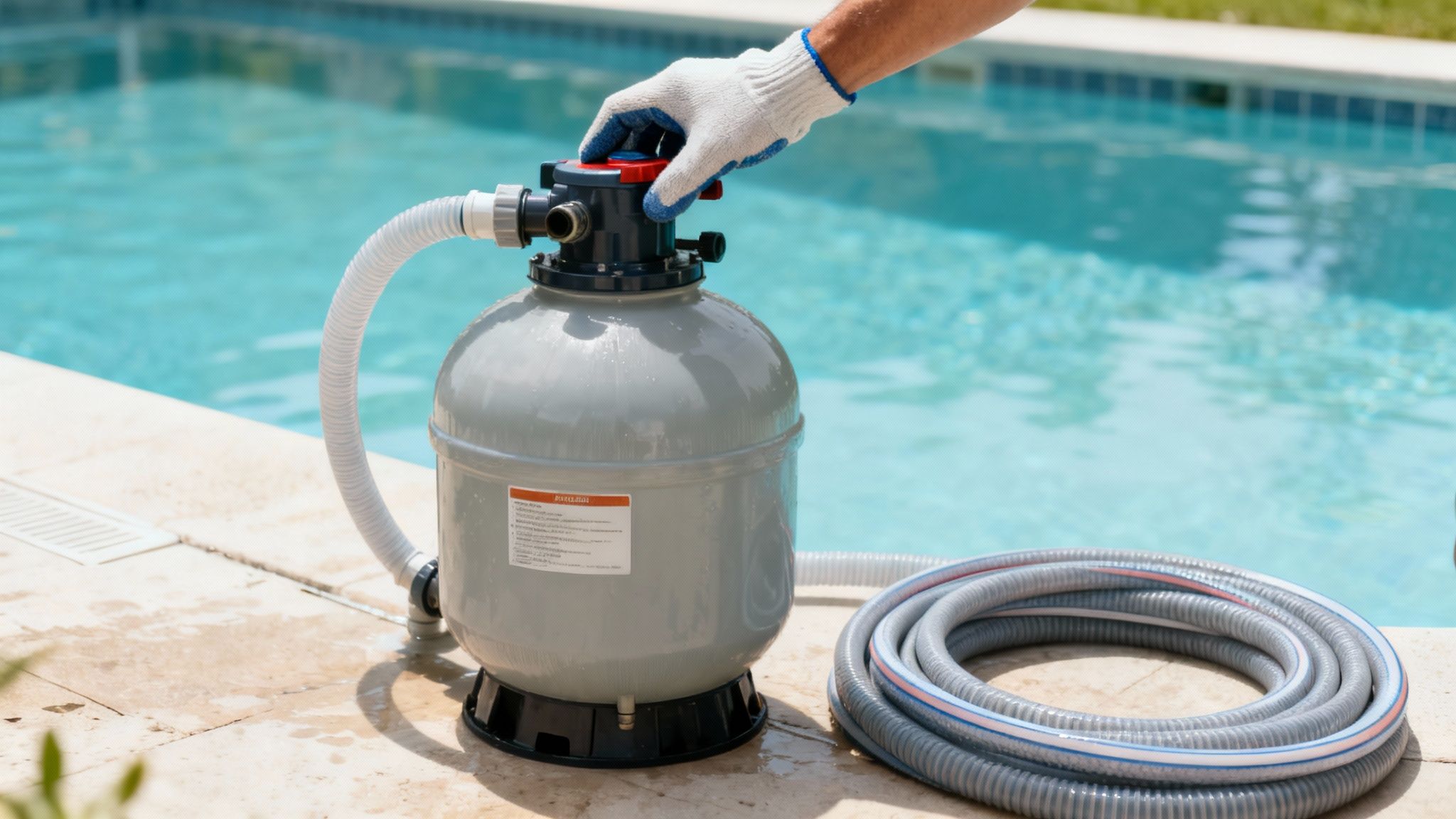cloudy water pool pool filter - Piscine eau trouble: Causes et plan d'action pour une eau claire Main gantée ajustant un filtre de piscine gris près de l'eau bleue scintillante, avec un tuyau enroulé au sol.