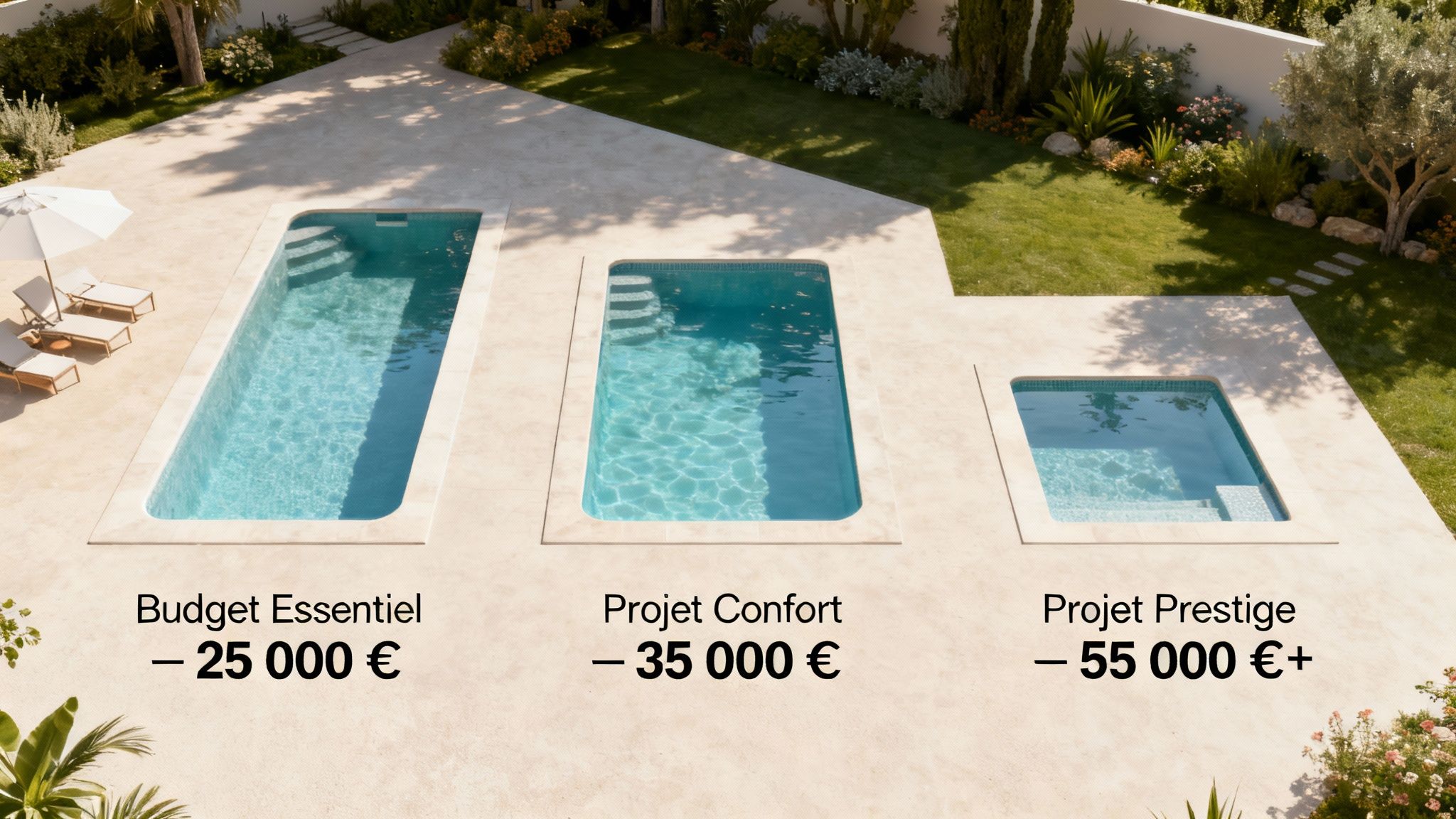 fiberglass pool prices pool budgets - Prix piscine coque: Guide complet et conseils en Belgique Vue aérienne de trois piscines à coque de différentes tailles avec leurs budgets : Essentiel, Confort et Prestige, et leurs prix respectifs.