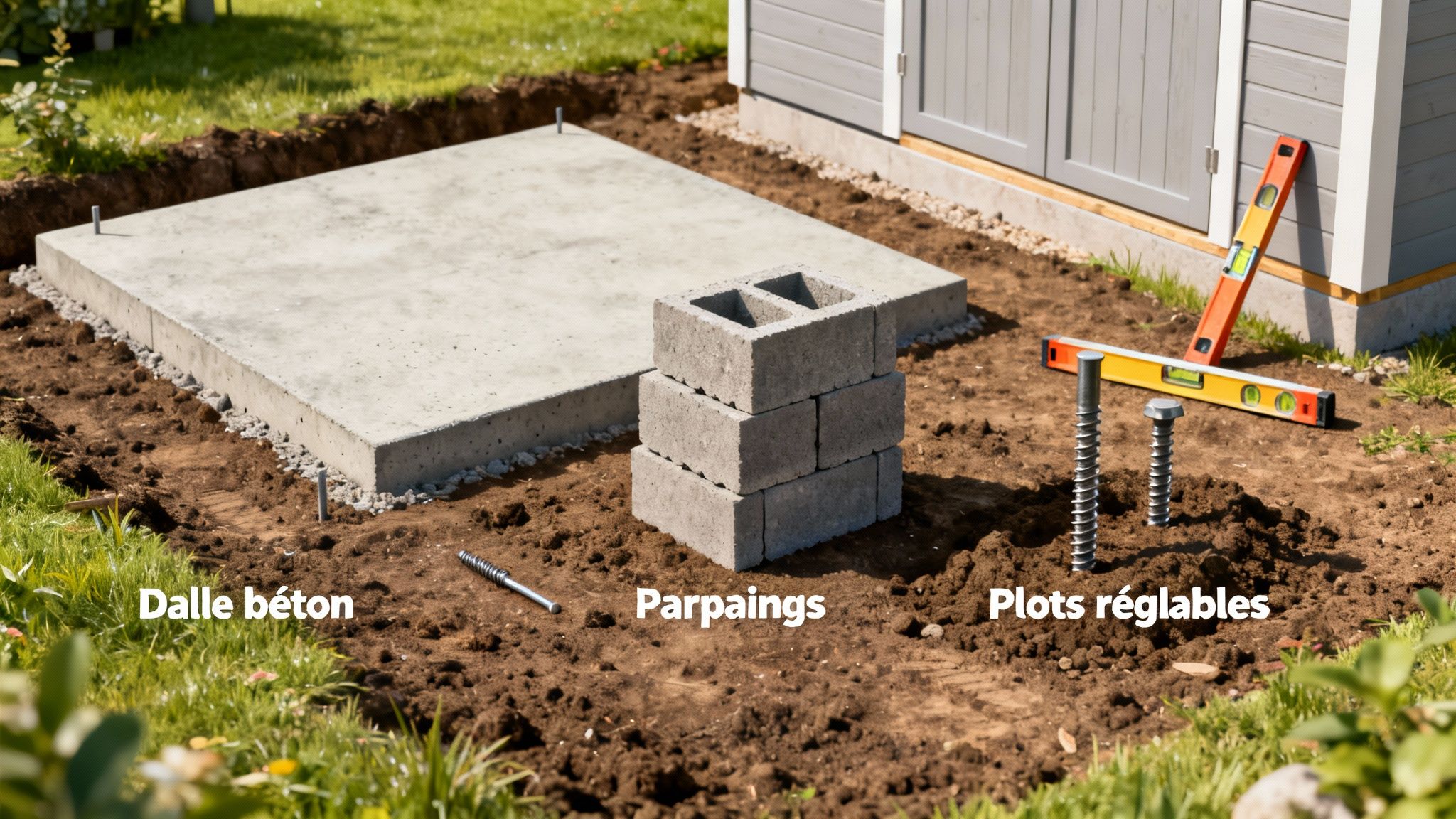 Matériaux de construction pour un abri de jardin : dalle béton, parpaings et plots réglables sur sol préparé.