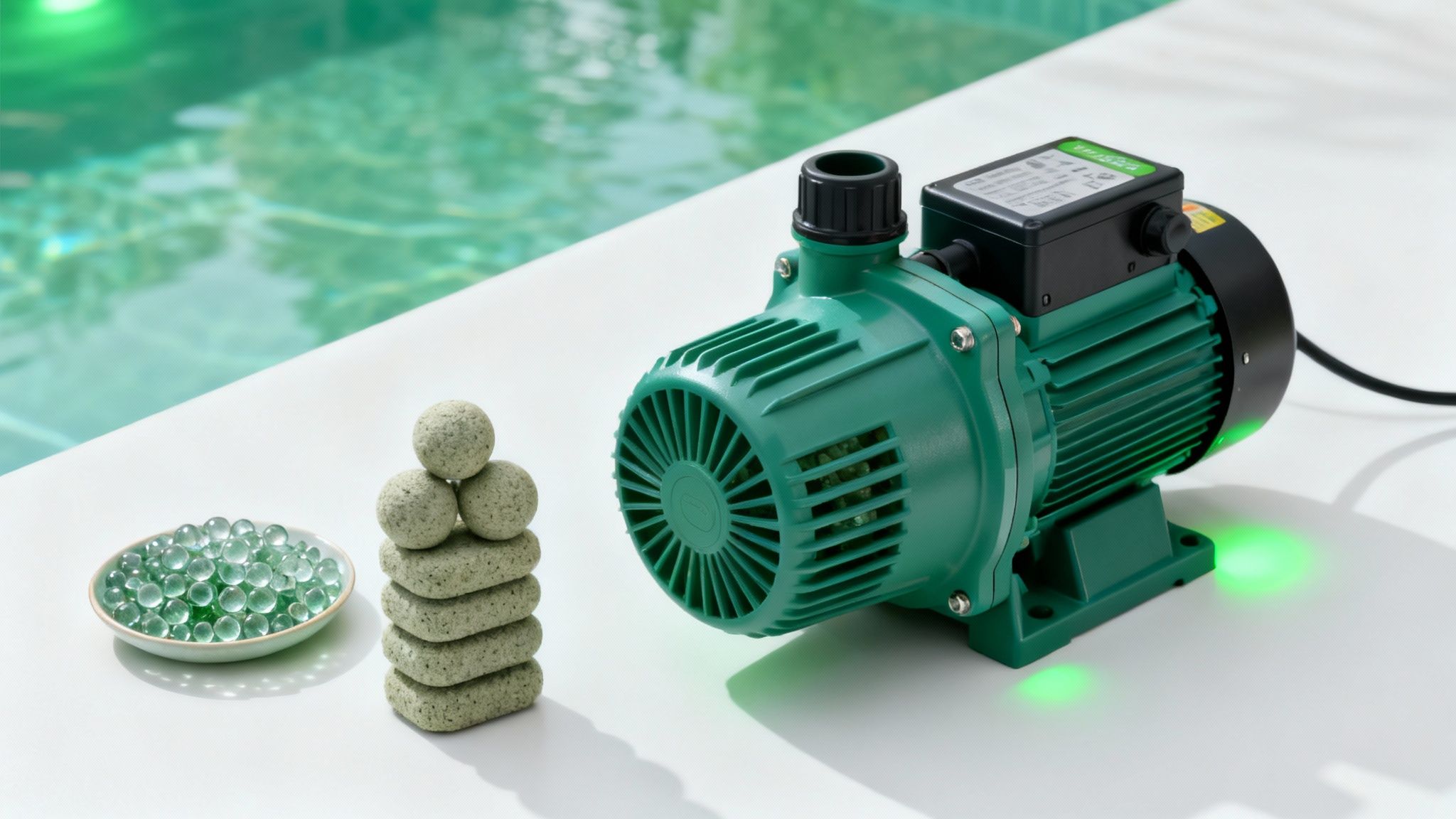 pool filter pool pump - Le guide complet du filtre à piscine pour une eau cristalline Une pompe de filtre de piscine verte lumineuse, posée sur une surface blanche près de l'eau, pour un entretien efficace.
