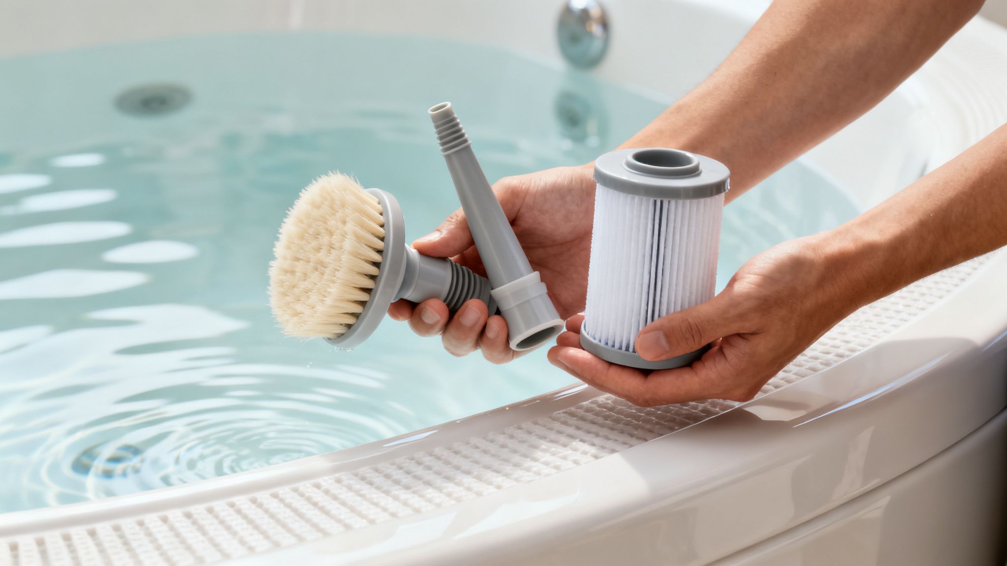 vacuum for jacuzzi jacuzzi cleaning - Le guide pour choisir le meilleur aspirateur pour votre espace bien-être Mains tenant une brosse de nettoyage et un filtre de remplacement près d'un jacuzzi rempli d'eau.