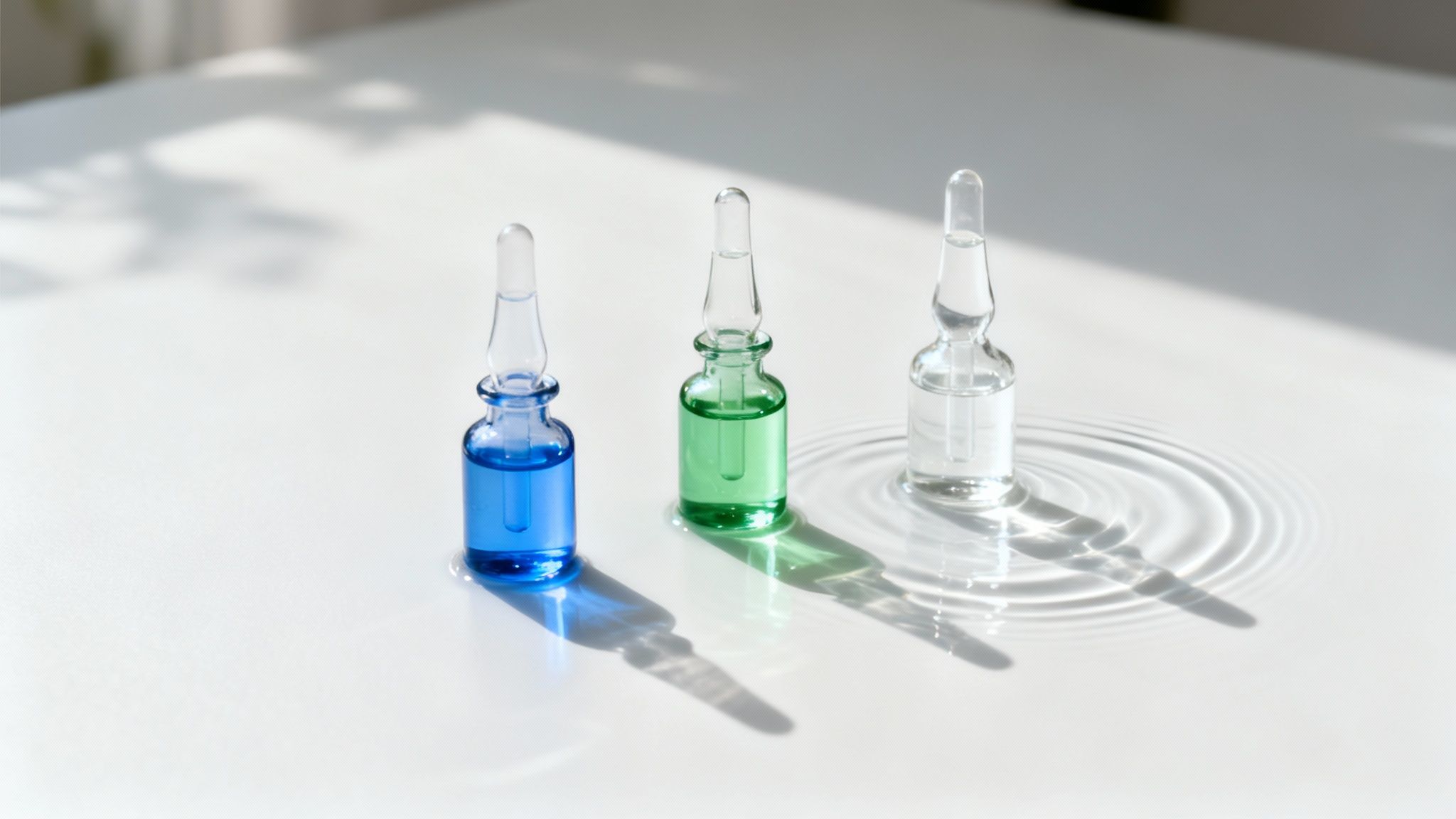 pool product ampoules - Guide complet sur les produits pour piscine, spa, bain nordique et sauna infrarouge Trois petites ampoules en verre contenant des liquides colorés (bleu, vert, transparent) sur une surface claire avec des ondes d'eau.