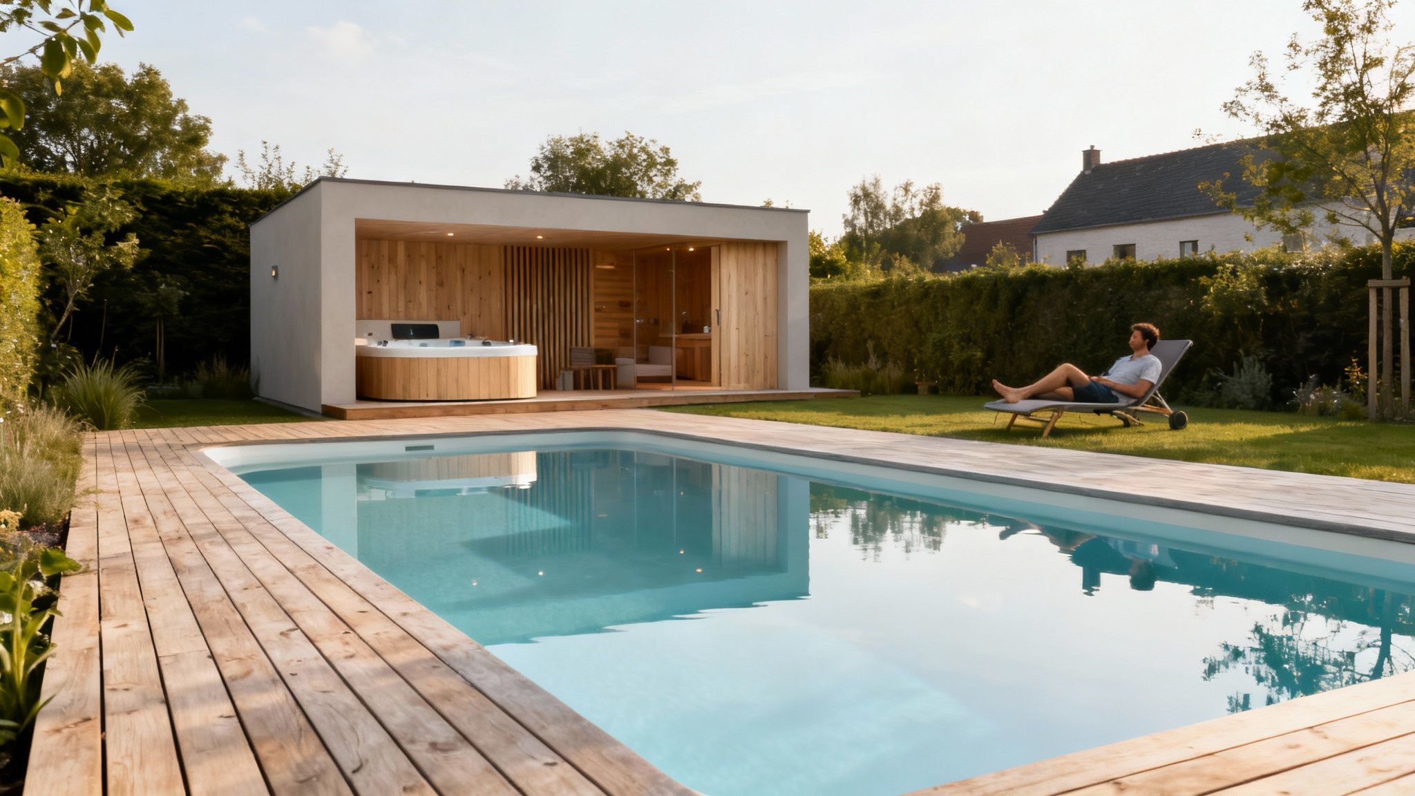 fiberglass pool pool house - Le guide complet de la piscine en coque pour votre jardin Un homme se relaxe sur une chaise longue près d'une piscine extérieure et d'un pool house moderne avec jacuzzi.