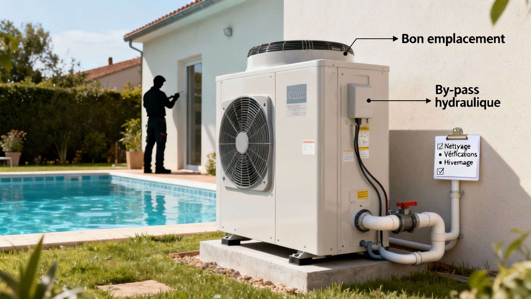 pool heat pump installation - Le guide complet de la pompe à chaleur pour piscine, spa et bain nordique Pompe à chaleur de piscine installée près d'une maison, avec des annotations sur l'emplacement et l'entretien.