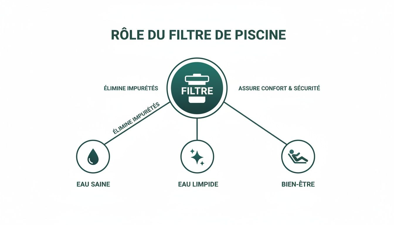 pool filter diagram - Le guide complet du filtre pour piscine en 2024 Infographie expliquant le rôle du filtre de piscine, qui élimine les impuretés pour une eau saine et limpide, assurant confort et sécurité.