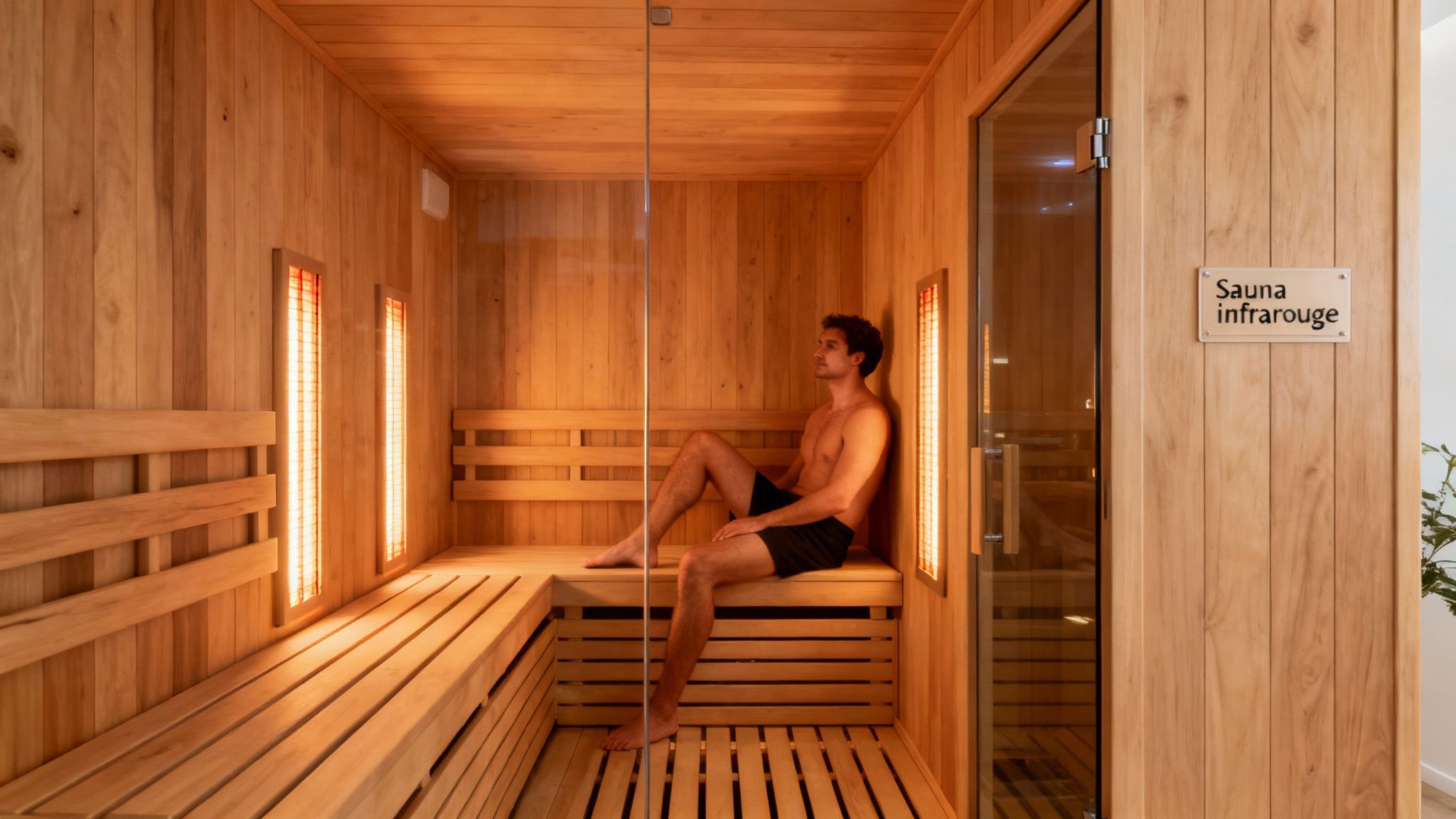 infrared sauna man - Sauna infrarouge: Guide rapide pour choisir le meilleur modèle Un jeune homme torse nu se détend paisiblement dans un sauna infrarouge moderne en bois clair.