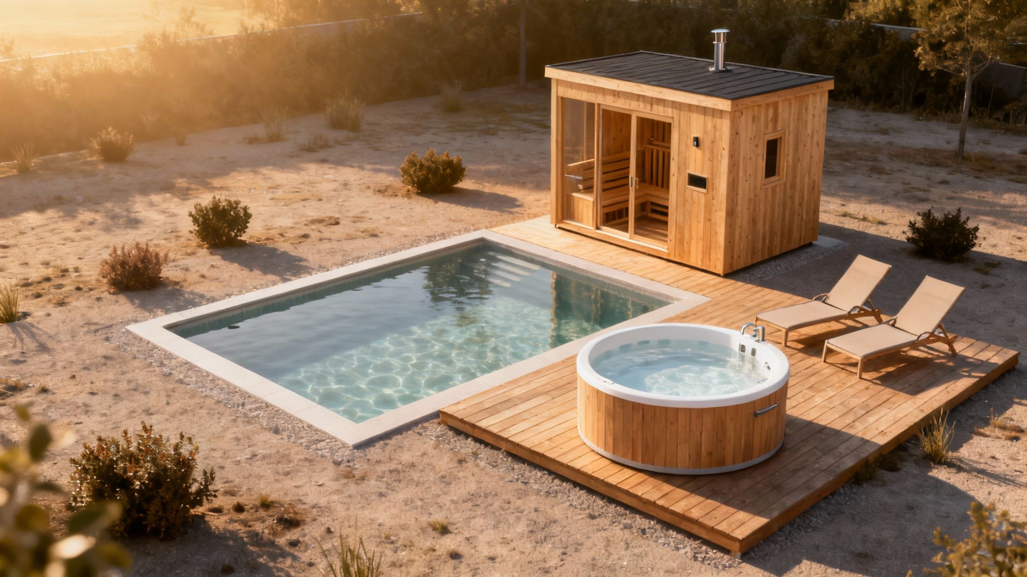 kit pools outdoor spa - Le guide complet des piscines en kit, spas et saunas en Belgique et Luxembourg Vue aérienne d'un jardin avec sauna en bois, piscine et jacuzzi sur une terrasse ensoleillée.