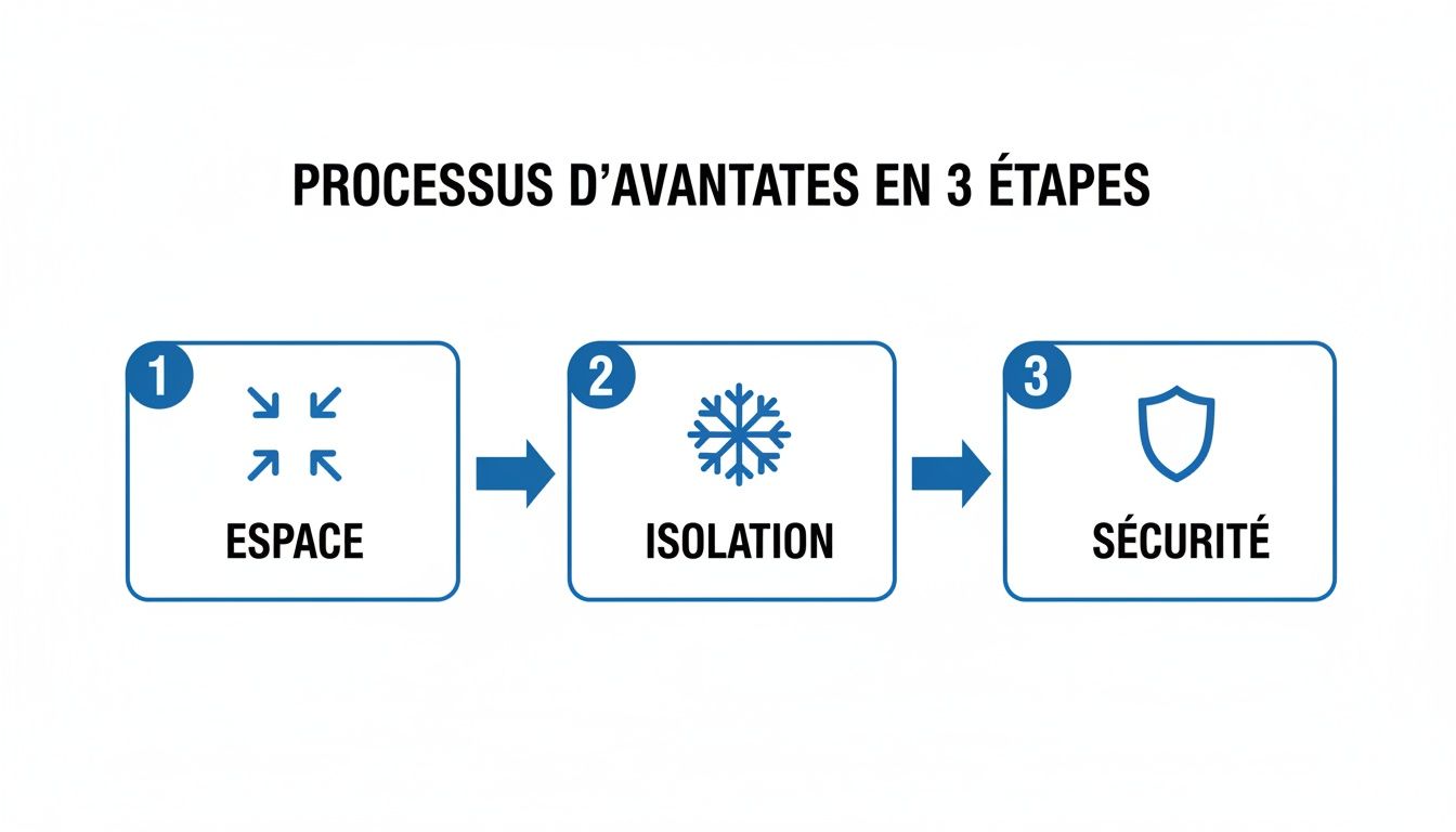 Infographie présentant un processus en 3 étapes pour optimiser l'espace, l'isolation et la sécurité d'un garage.
