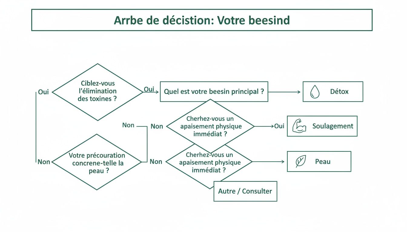 benefits of sauna decision tree - Les bienfaits du sauna, spa et piscine pour le corps et l'esprit Arbre de décision aidant à identifier le besoin principal (détox, soulagement, peau) basé sur l'élimination des toxines, l'apaisement physique ou les soins de la peau.