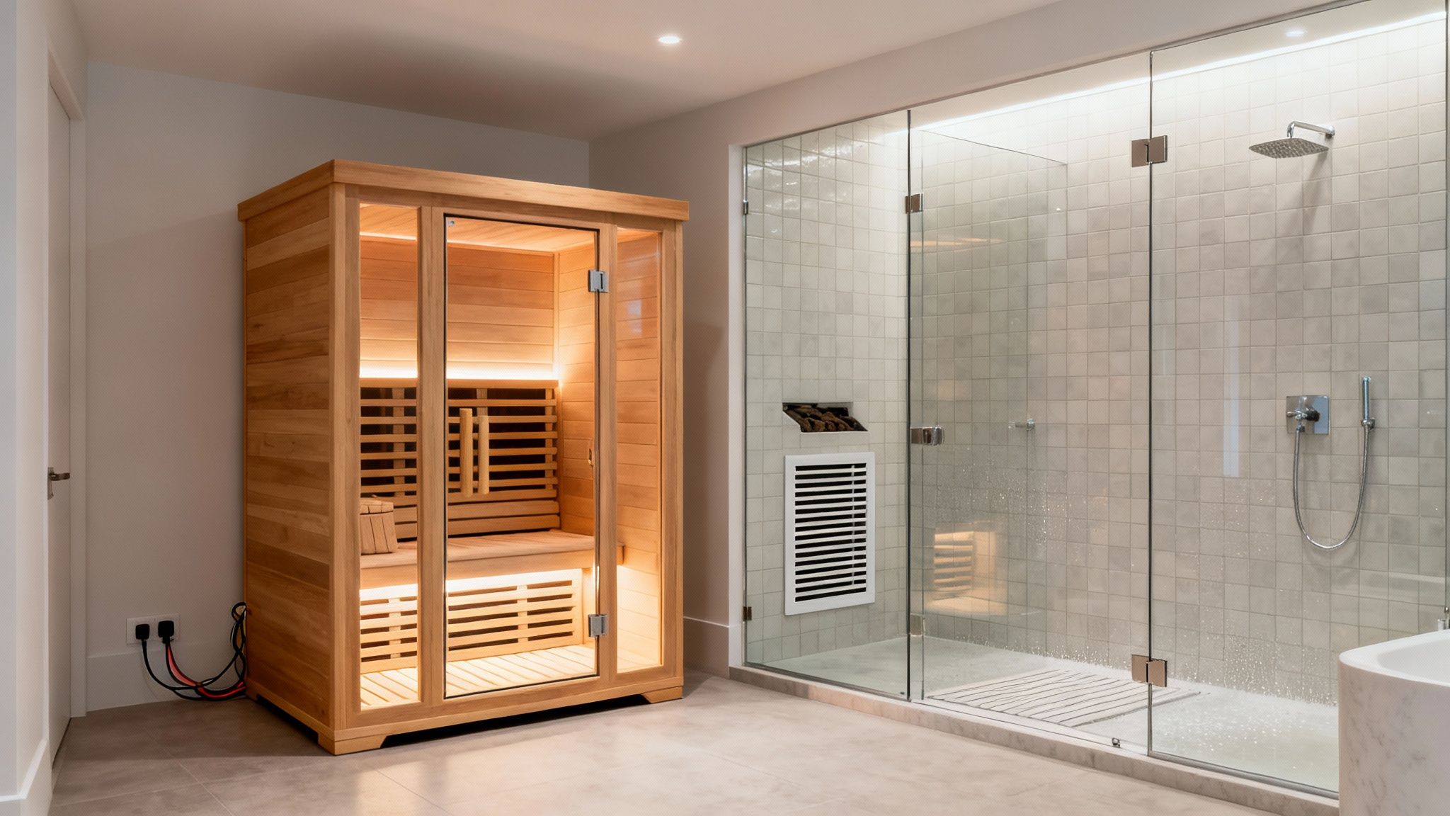 sauna or hammam sauna steam - Sauna ou hammam lequel choisir pour votre bien-être Cabine de sauna en bois et douche à l'italienne moderne dans une salle de bain lumineuse et relaxante.