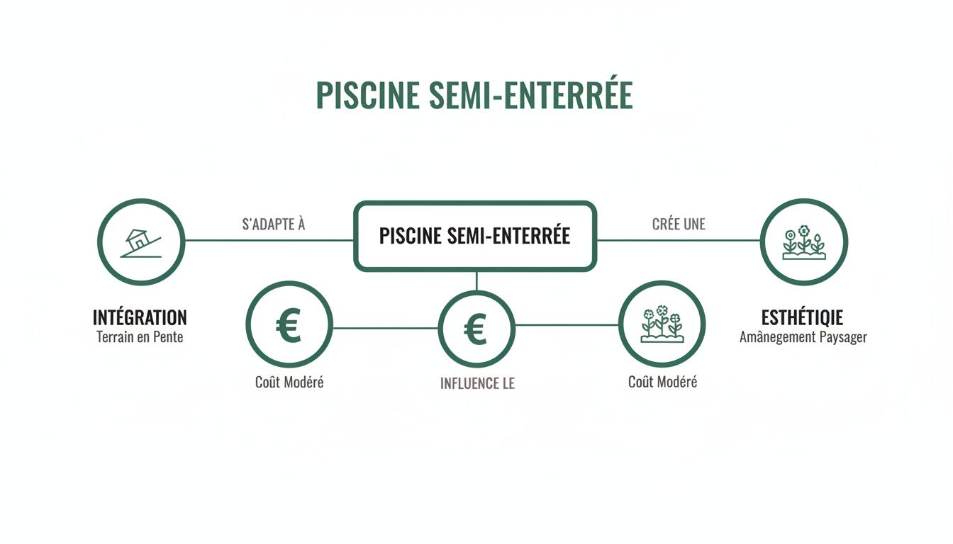 semi inground pool features diagram - Le guide complet de la piscine semi enterrée pour votre jardin Infographie sur les avantages d'une piscine semi-enterrée, incluant l'intégration sur terrain en pente, le coût modéré et l'esthétique paysagère.
