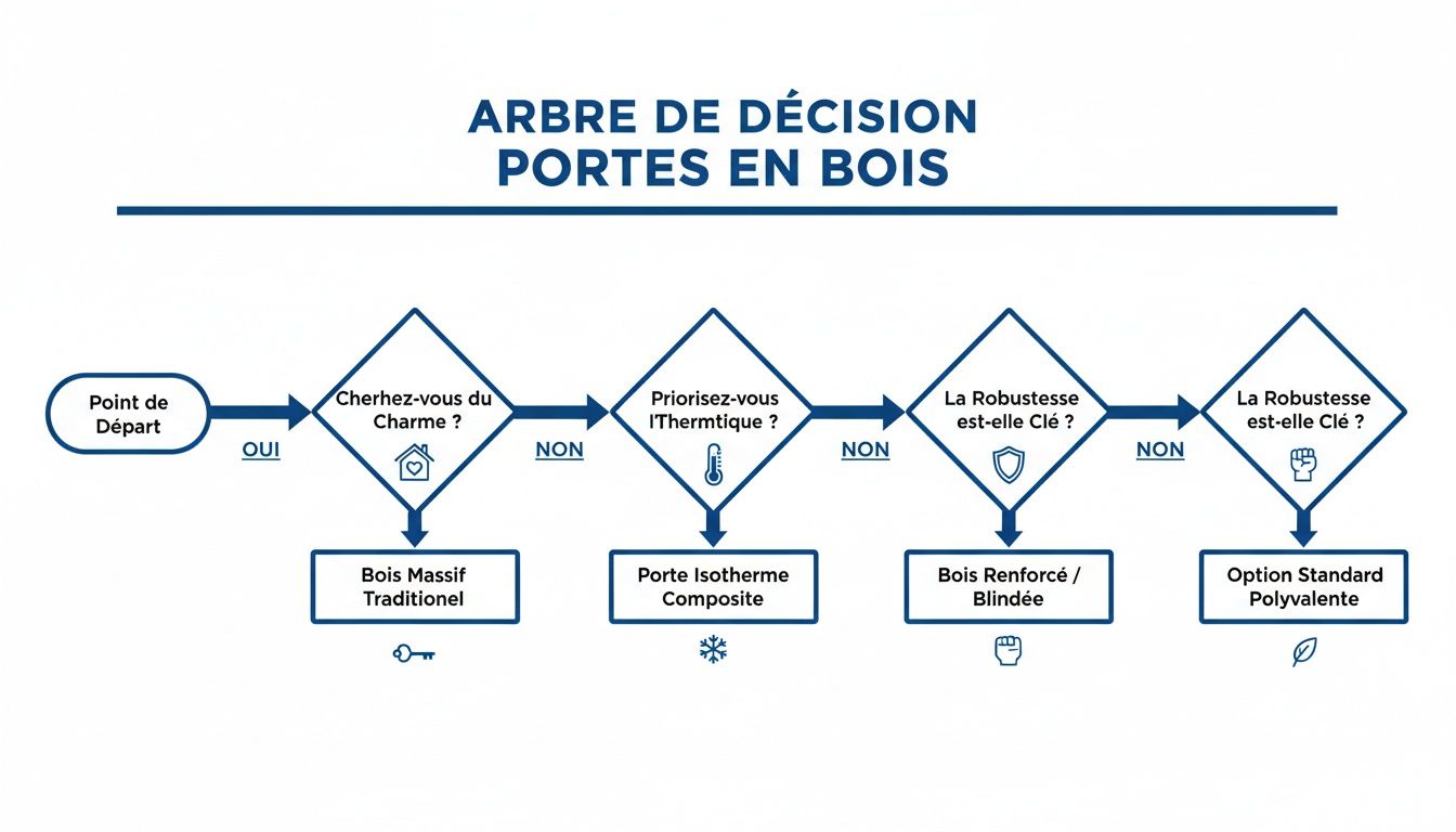 Arbre de décision pour choisir une porte en bois, guidant les options selon le charme, l'isolation ou la robustesse.