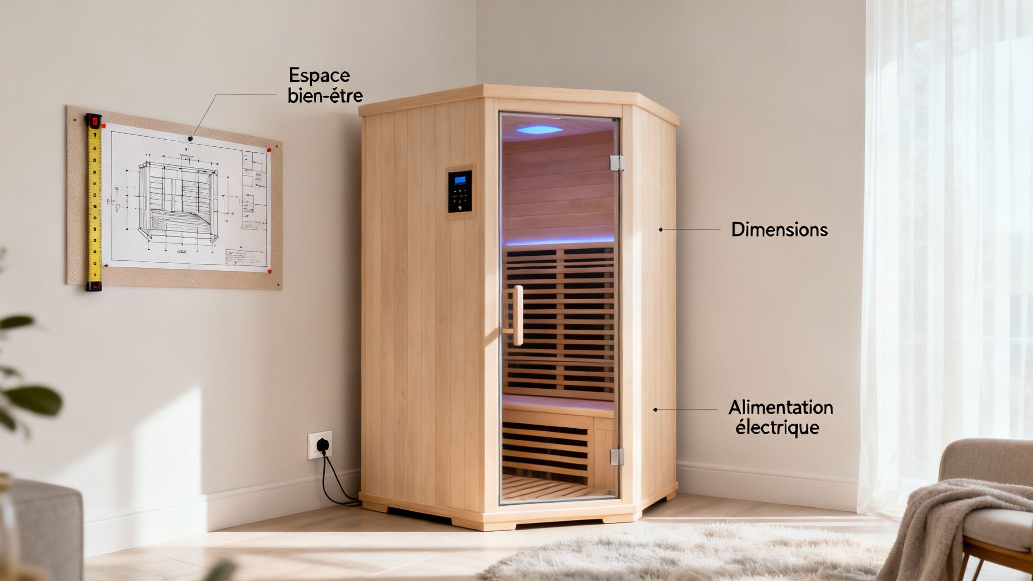 benefits infrared sauna sauna - Bienfaits sauna infrarouge: découvrez ses effets sur la santé Sauna infrarouge en bois clair dans un intérieur moderne, avec un plan architectural et des annotations.