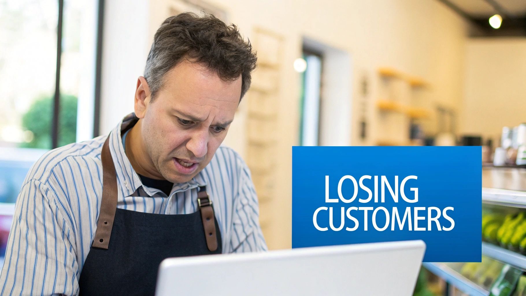 A small business owner looking stressed while reviewing customer feedback on a laptop.