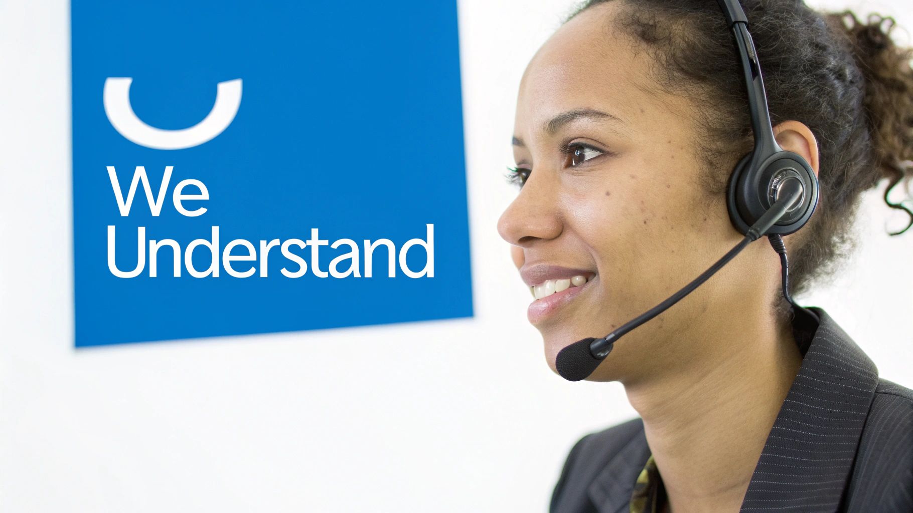 Responding To Negative Reviews Examples 2 Smiling customer service representative wearing headset with We Understand sign behind her