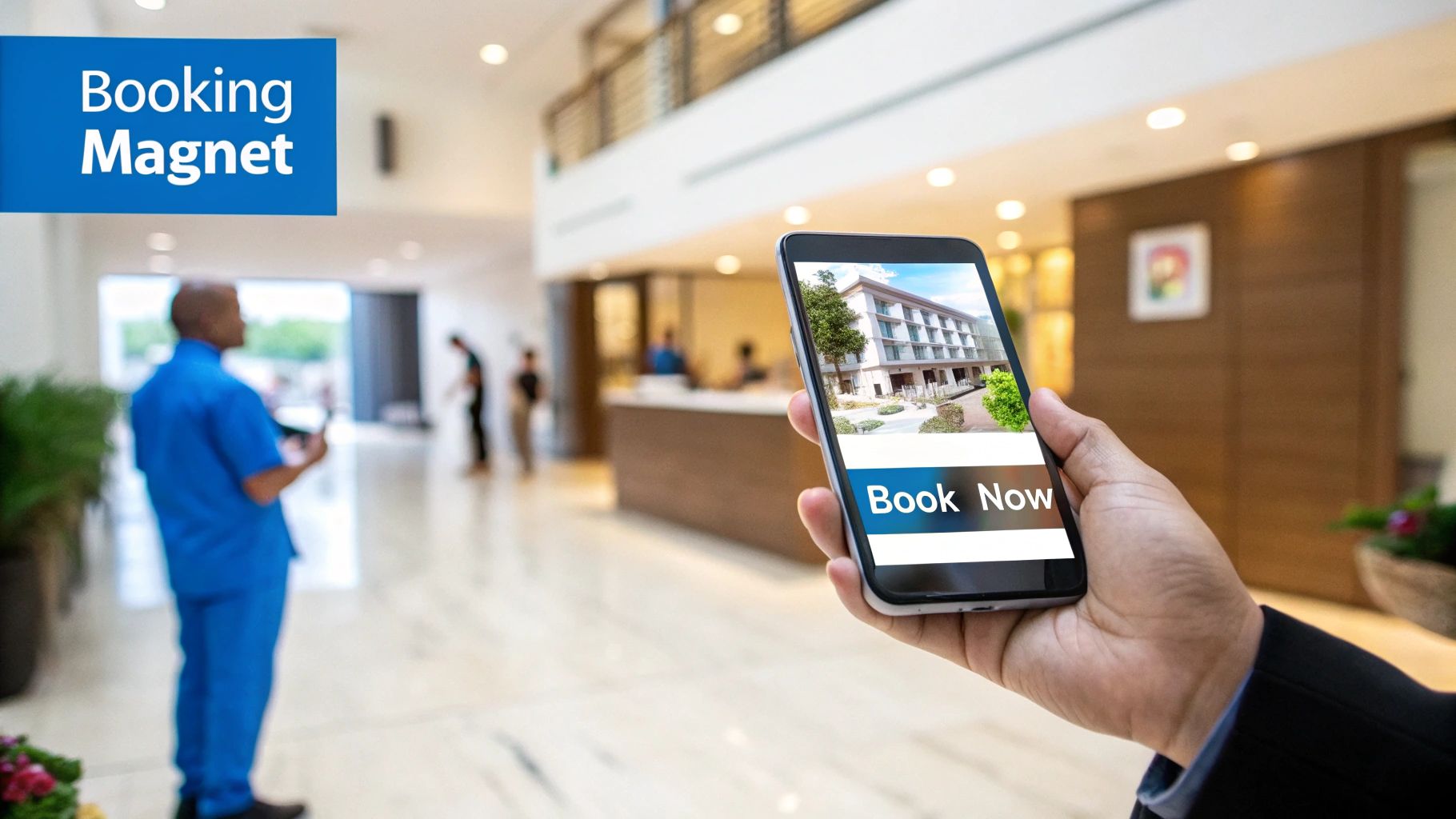 A hand holds a smartphone displaying a hotel booking app with a 'Book Now' button in a modern hotel lobby.