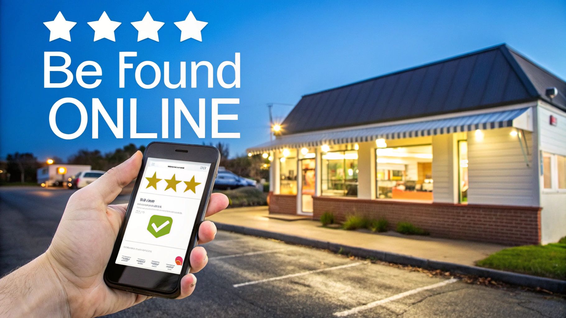 Close-up of a smartphone screen showing a restaurant's online profile with a high star rating and positive reviews, held by a person in a bustling restaurant setting.