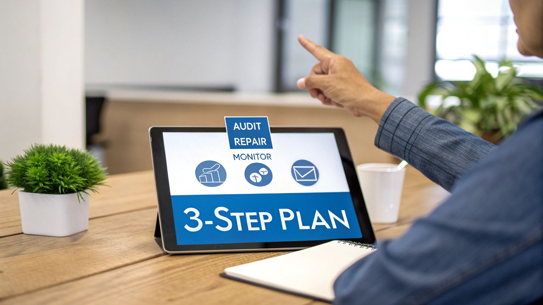Person pointing at a tablet displaying an 'AUDIT REPAIR MONITOR 3-STEP PLAN' for business strategy.