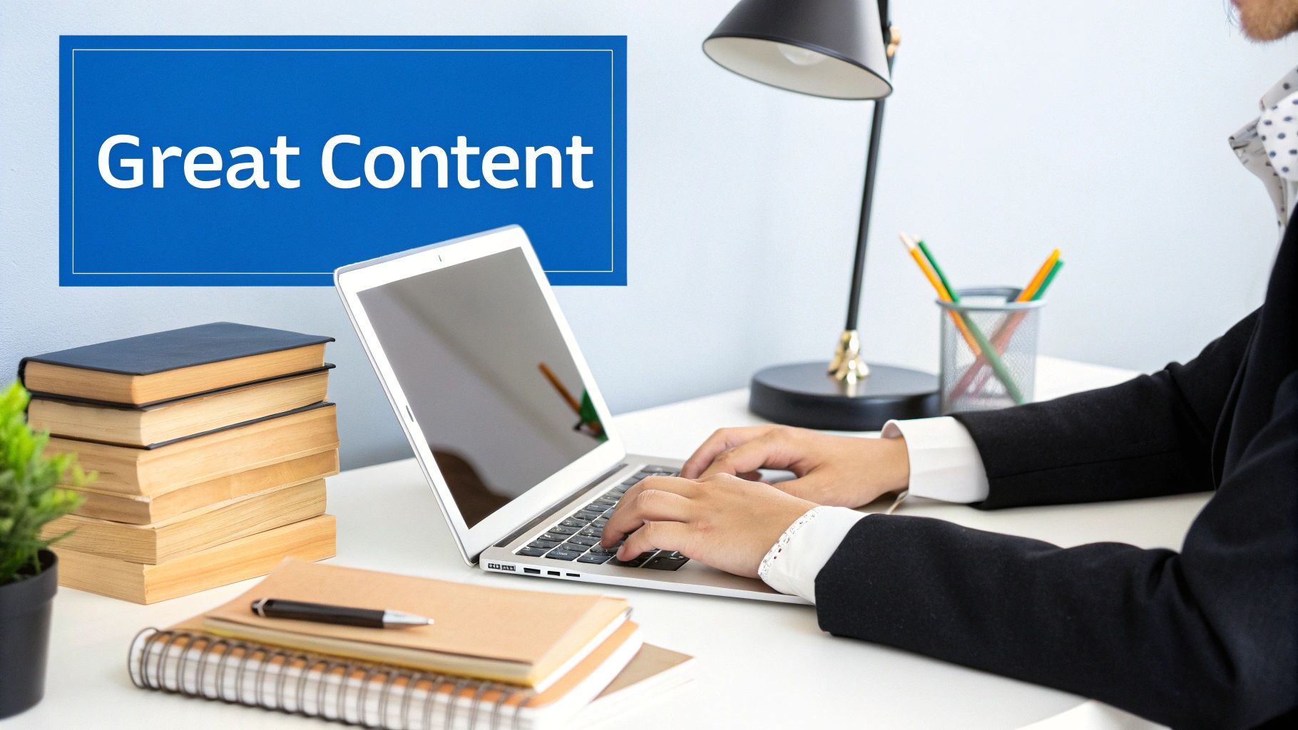 Search Engine Ranking Factors 2 A person typing on a laptop with a lightbulb icon next to them, representing content creation and ideas