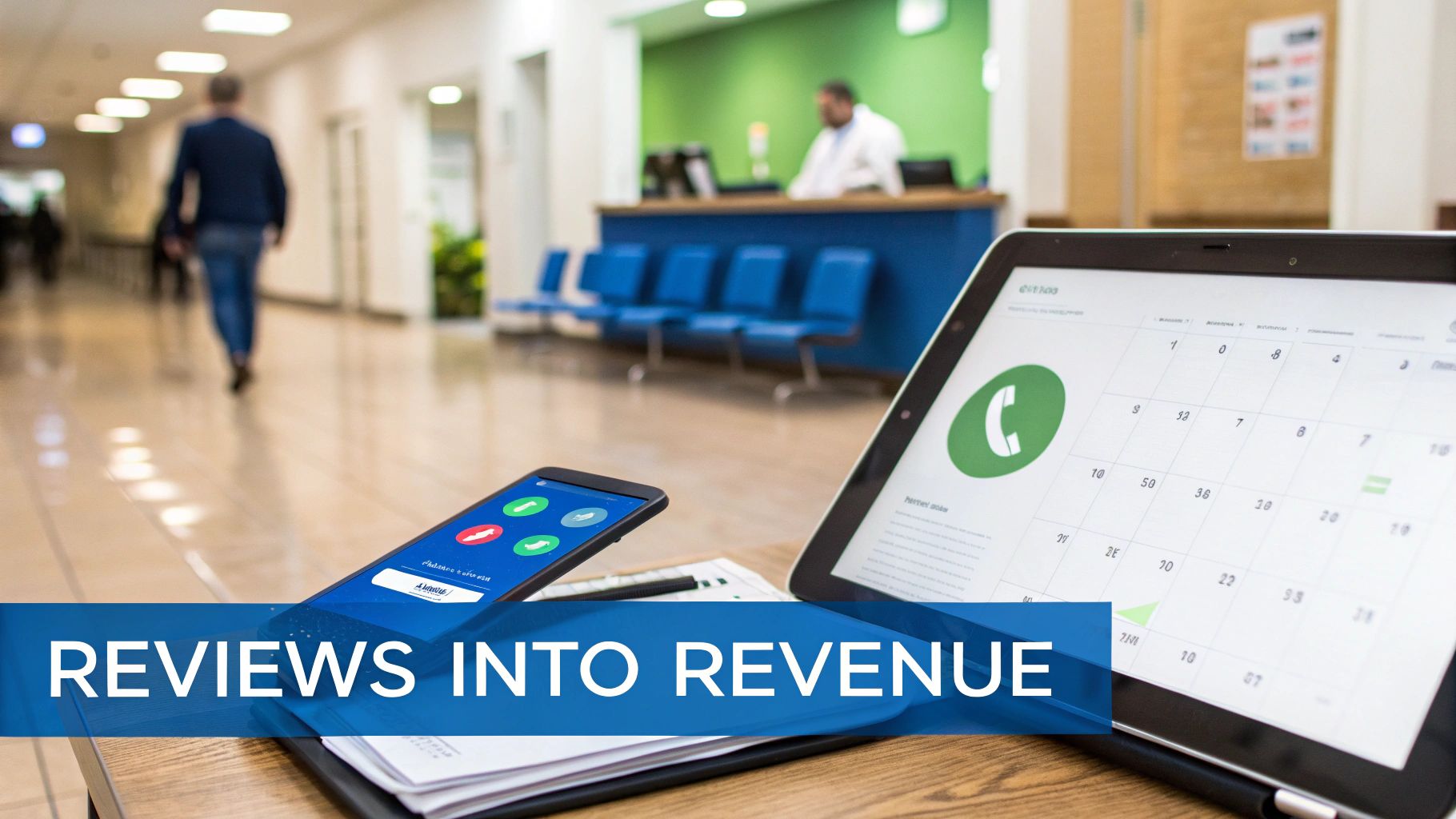 Google Reviews For Dentists 3 Apps on a smartphone and tablet for scheduling in a bright, modern clinic waiting room.