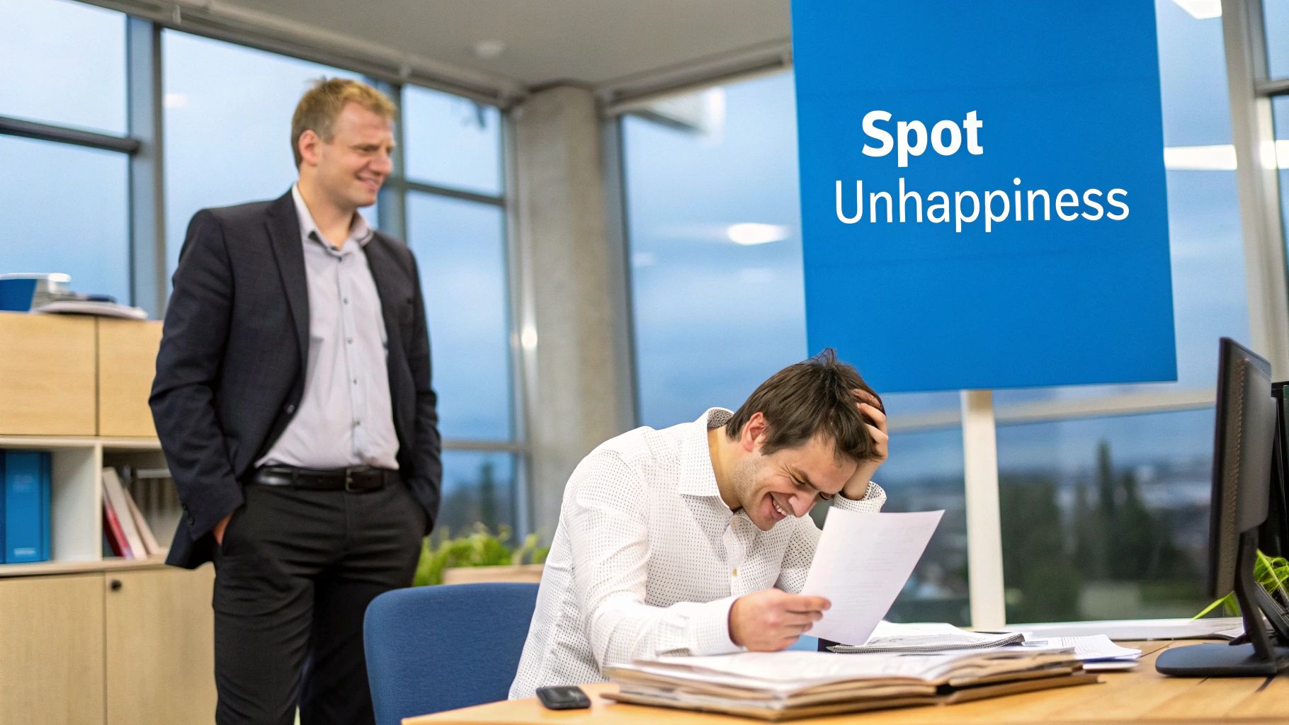 How To Deal With Unhappy Employees 1 A disengaged employee sitting at a desk in a modern office, looking out the window.