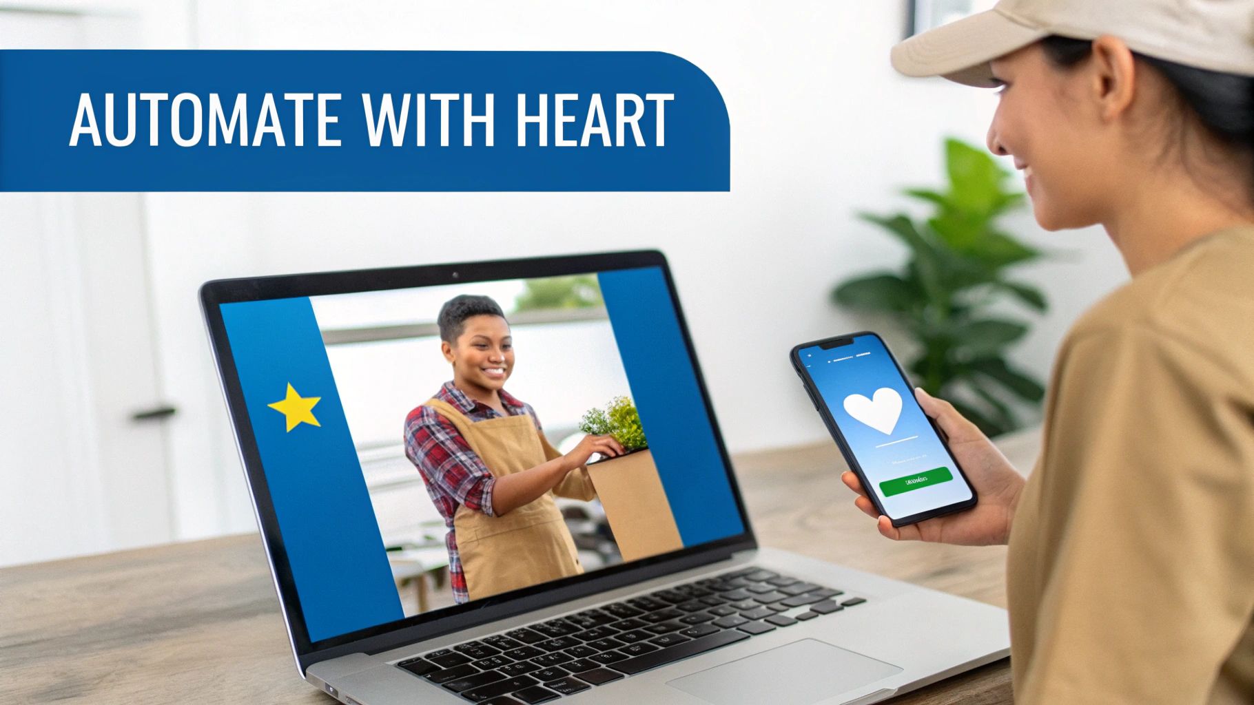 A person views a laptop showing a woman with a plant and holds a phone with a heart icon.