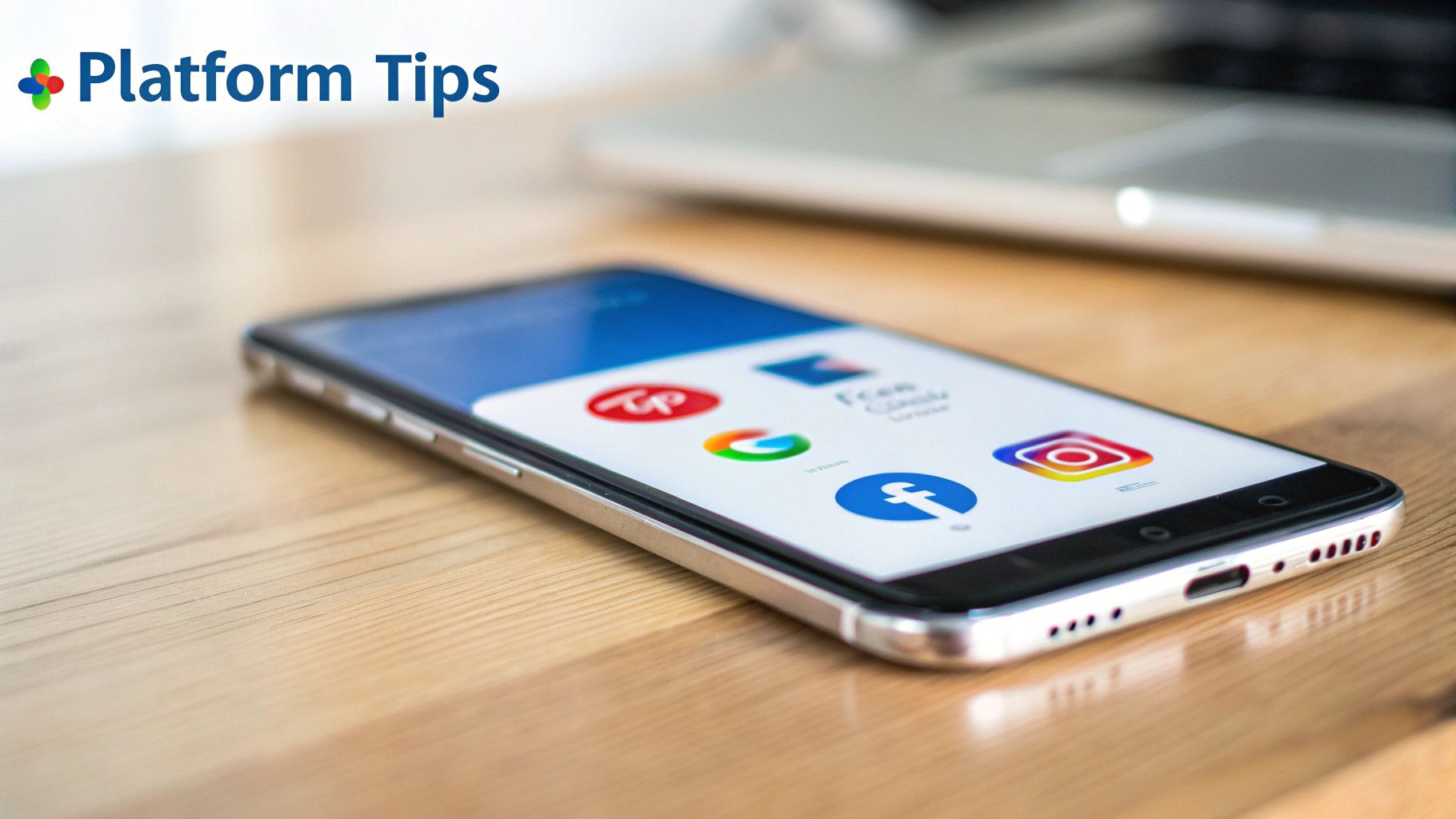 A smartphone displaying various social media app icons on a wooden desk, with 'Platform Tips' text.