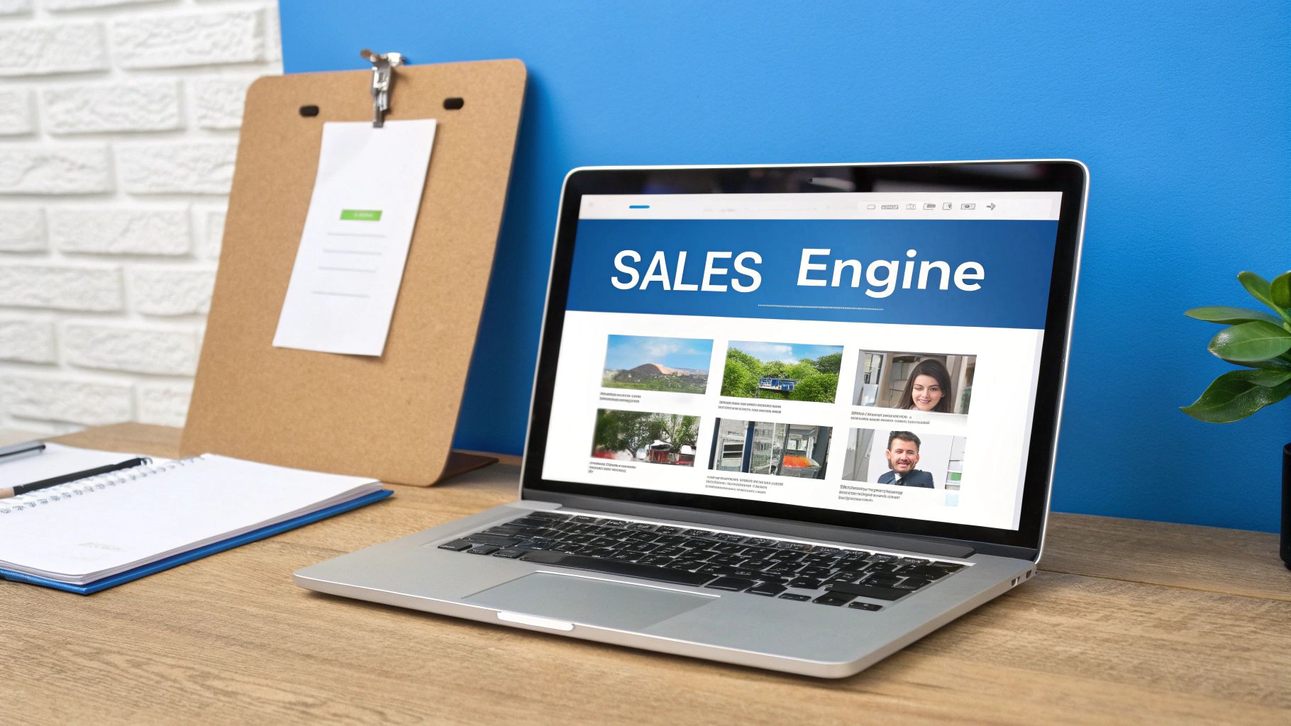 Local SEO For Home Services 3 Laptop displaying sales engine software with property listings and team members on desk