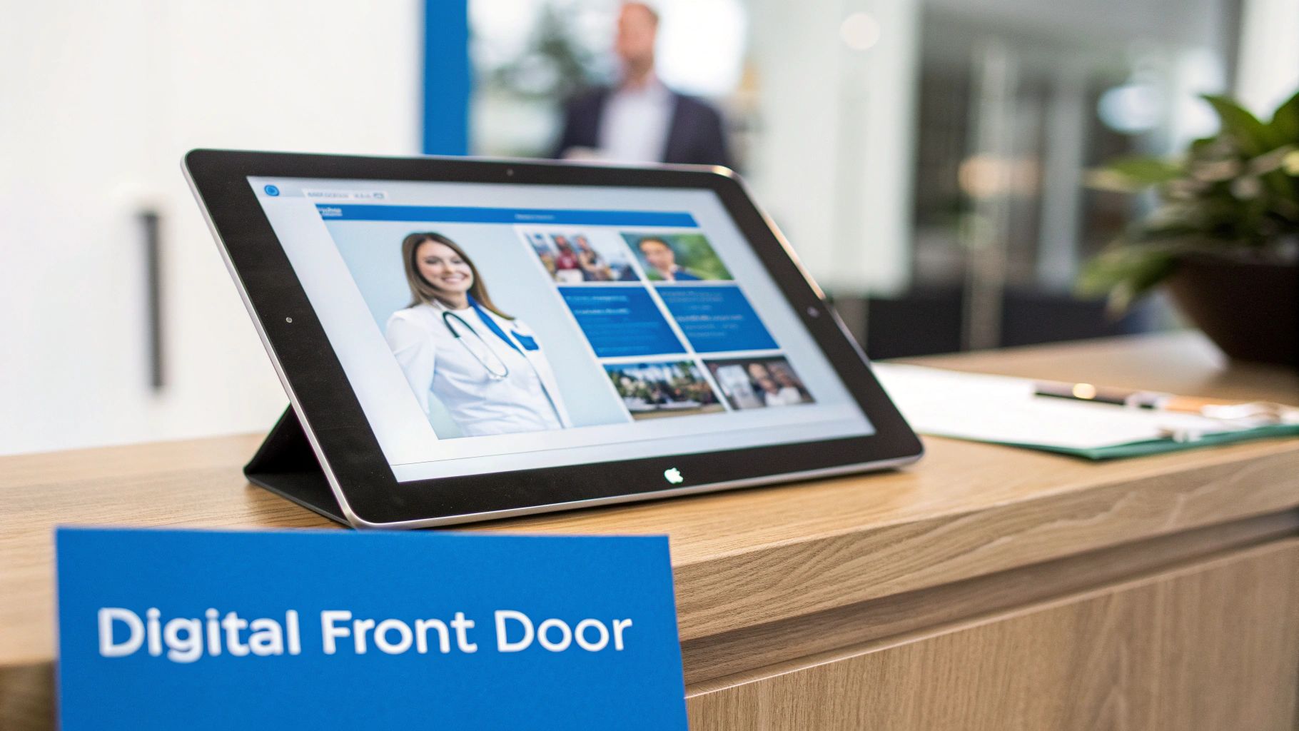 Doctor Online Reputation Management 2 An iPad on a wooden counter shows a smiling female doctor, next to a 'Digital Front Door' sign.