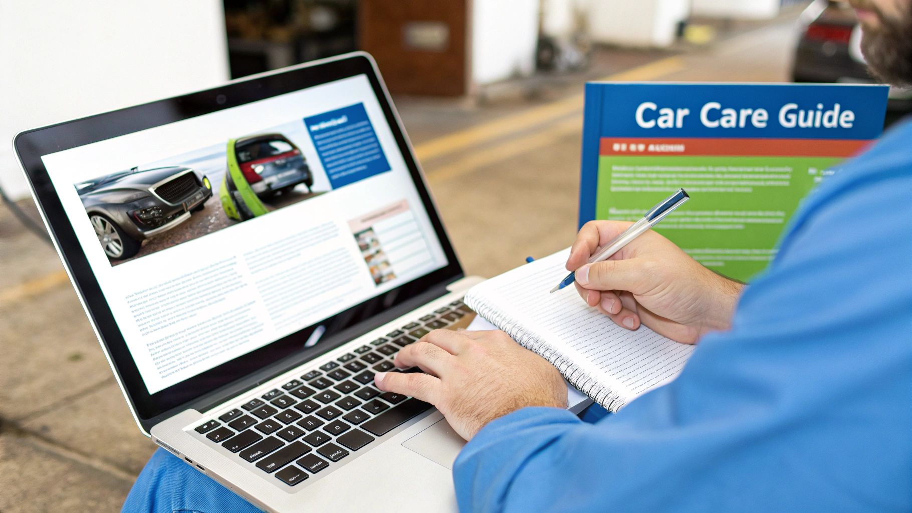Person using laptop reviewing car care guide while taking notes on spiral notebook