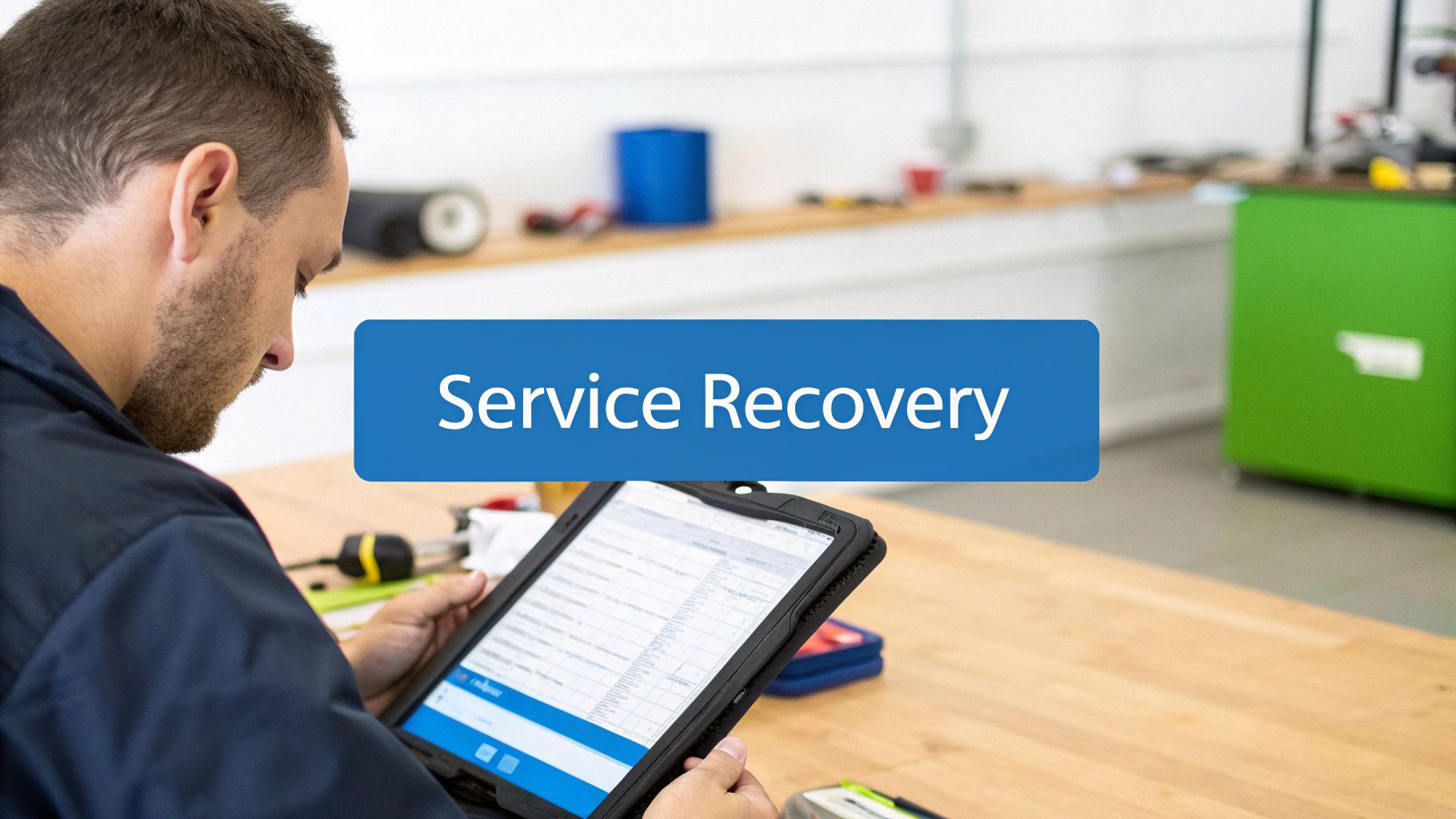 Responding To Negative Reviews Examples 3 Technician using tablet to manage service recovery process in professional workshop environment