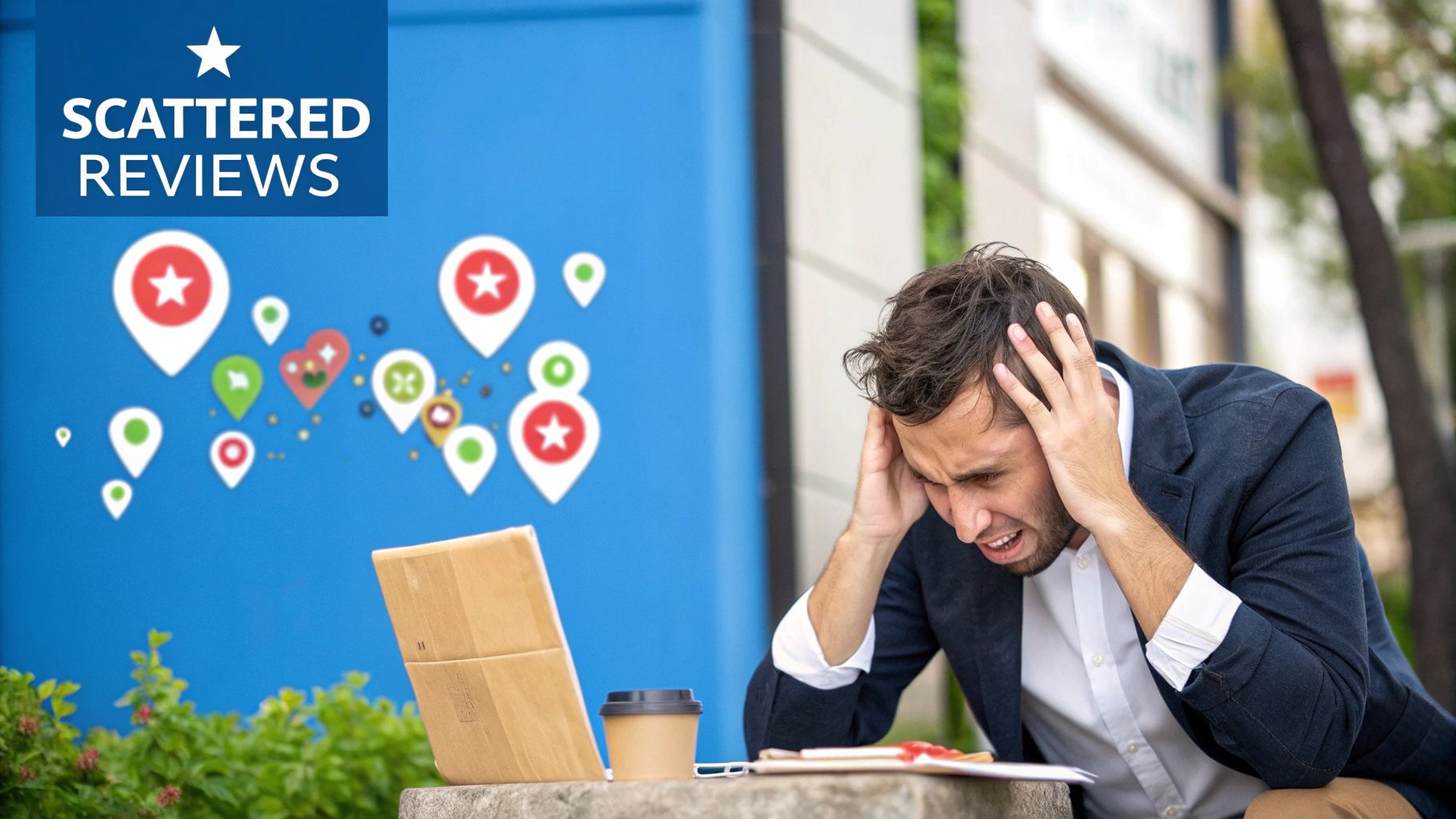 Multi-Location Review Management 1 A business owner looking stressed while managing multiple reviews on a laptop.