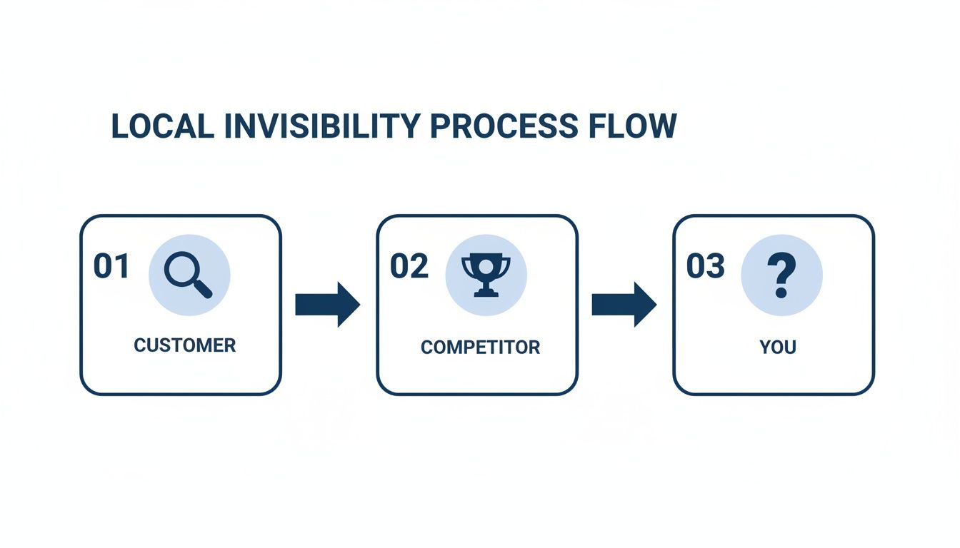 A flow chart titled 'Local Invisibility Process Flow' detailing steps: Customer, Competitor, You.