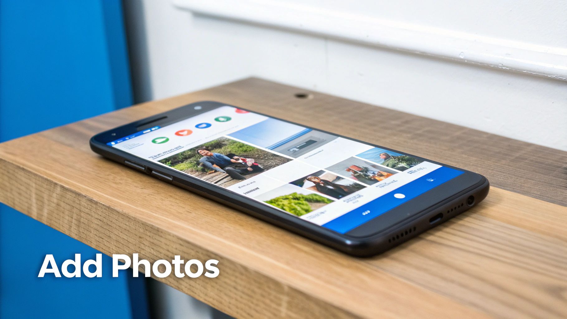 Optimize Google Business Profile 2 A black smartphone on a wooden table displaying a photo gallery with various images.
