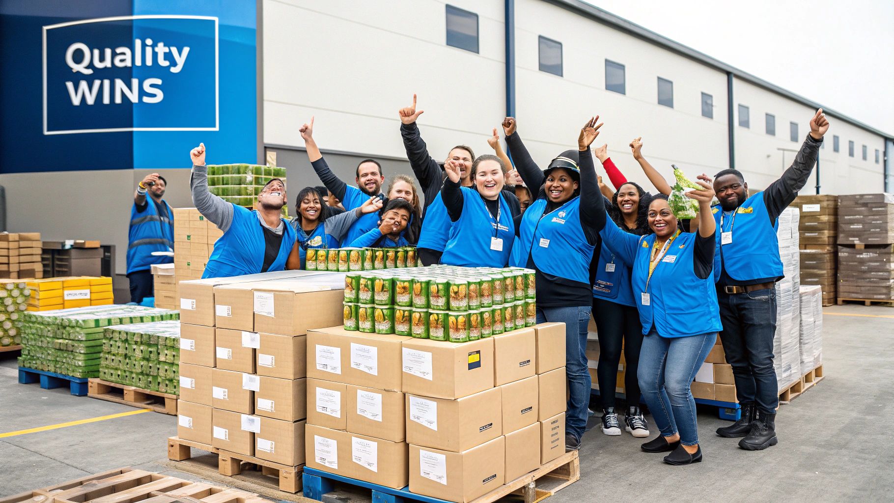 A team of happy employees celebrating a business success together.