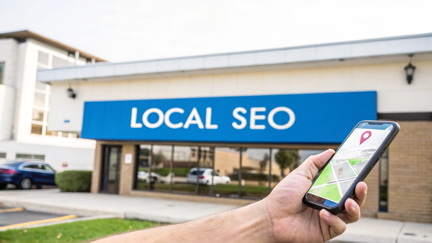 A hand holds a smartphone showing a map with a location pin, in front of a building signed "LOCAL SEO".