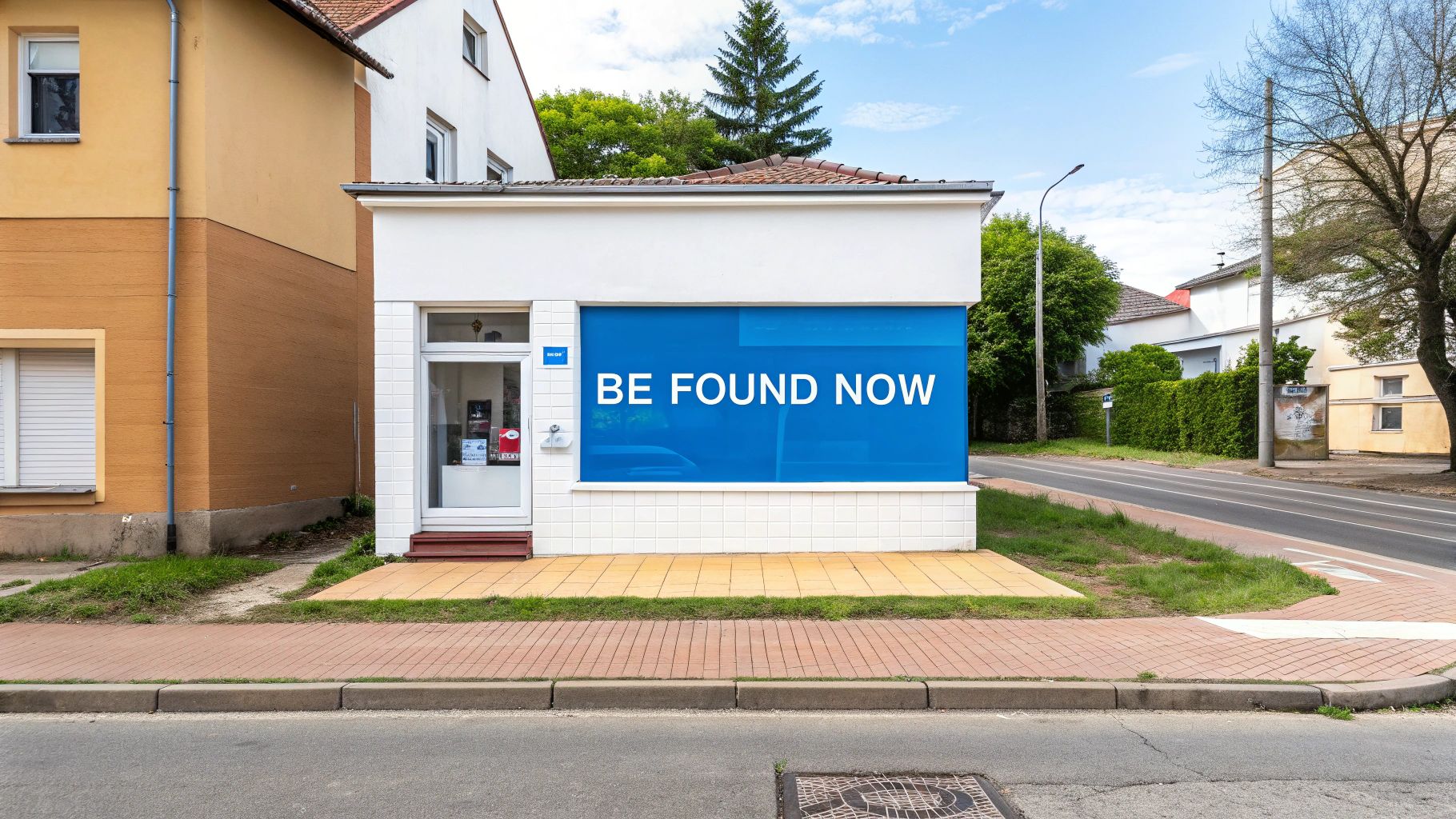A business owner looking at a tablet displaying Google Maps and a competitor's profile, feeling frustrated.