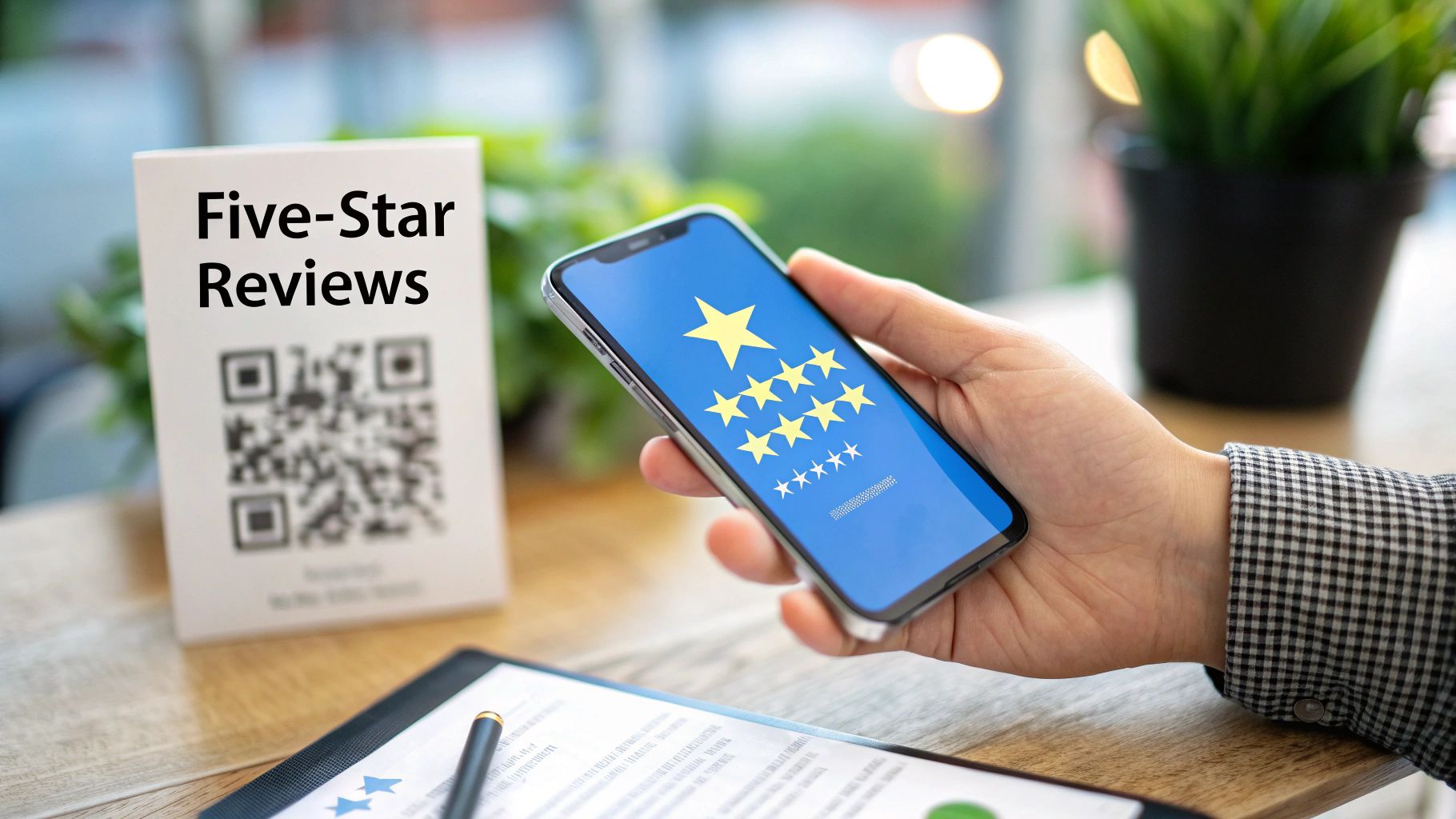 Hand holding a smartphone displaying five-star ratings, next to a sign for 'Five-Star Reviews' with a QR code.