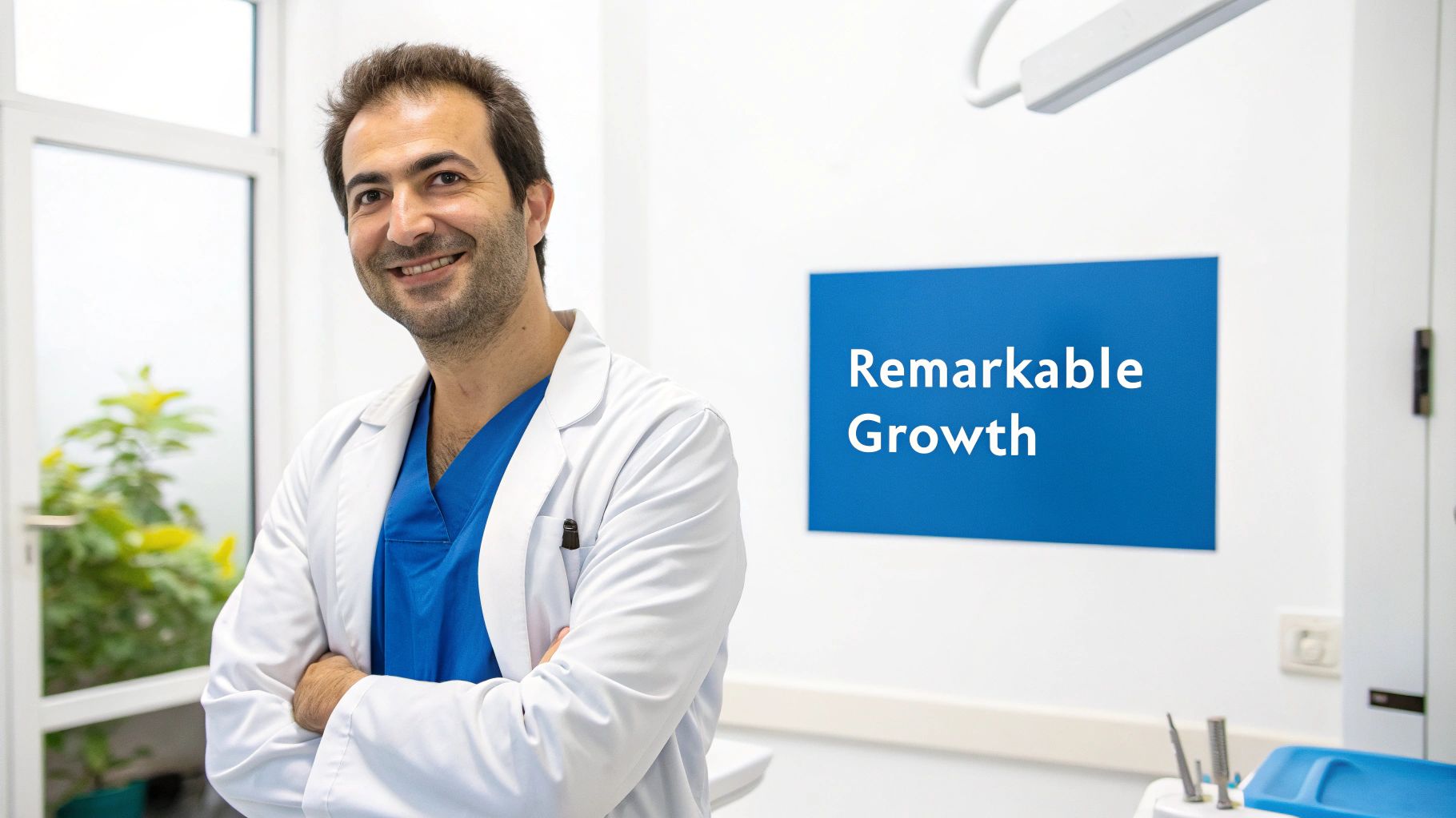 A smiling male dentist in a white lab coat with arms crossed, standing next to a "Remarkable Growth" sign.