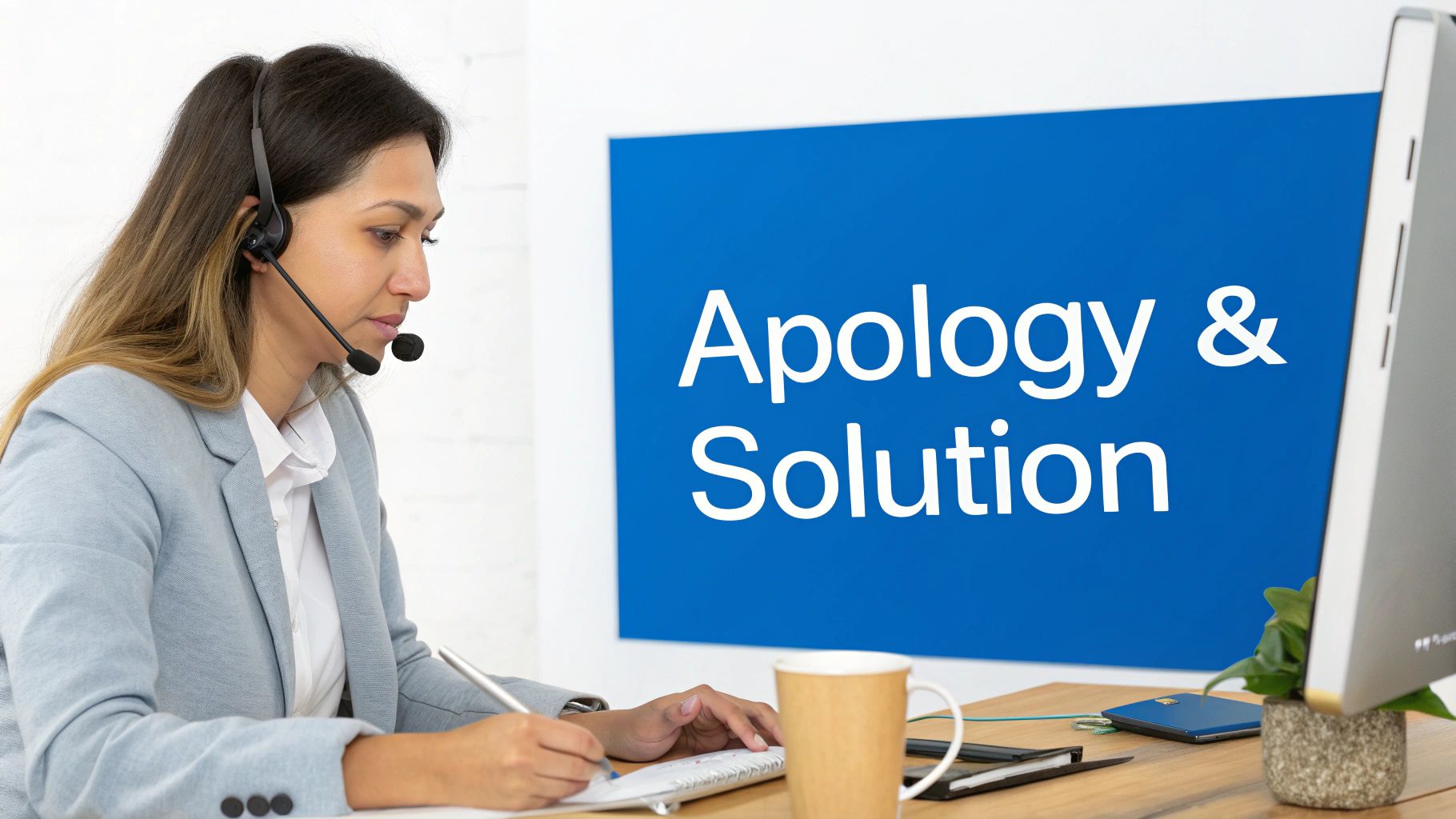 Responding To Negative Reviews Examples 1 Customer service representative with headset working at desk offering apology and solution to clients