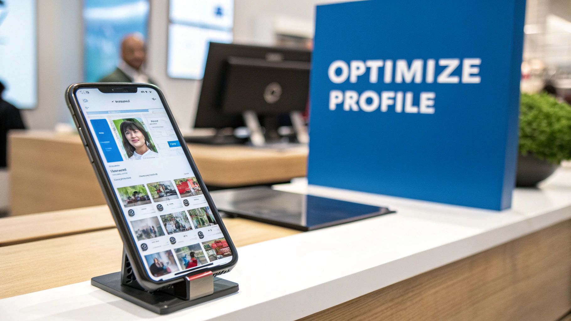 Automotive Reputation Management 3 A smartphone on a stand displays a profile with a woman's photo and image gallery, next to an 'OPTIMIZE PROFILE' sign in a modern office.