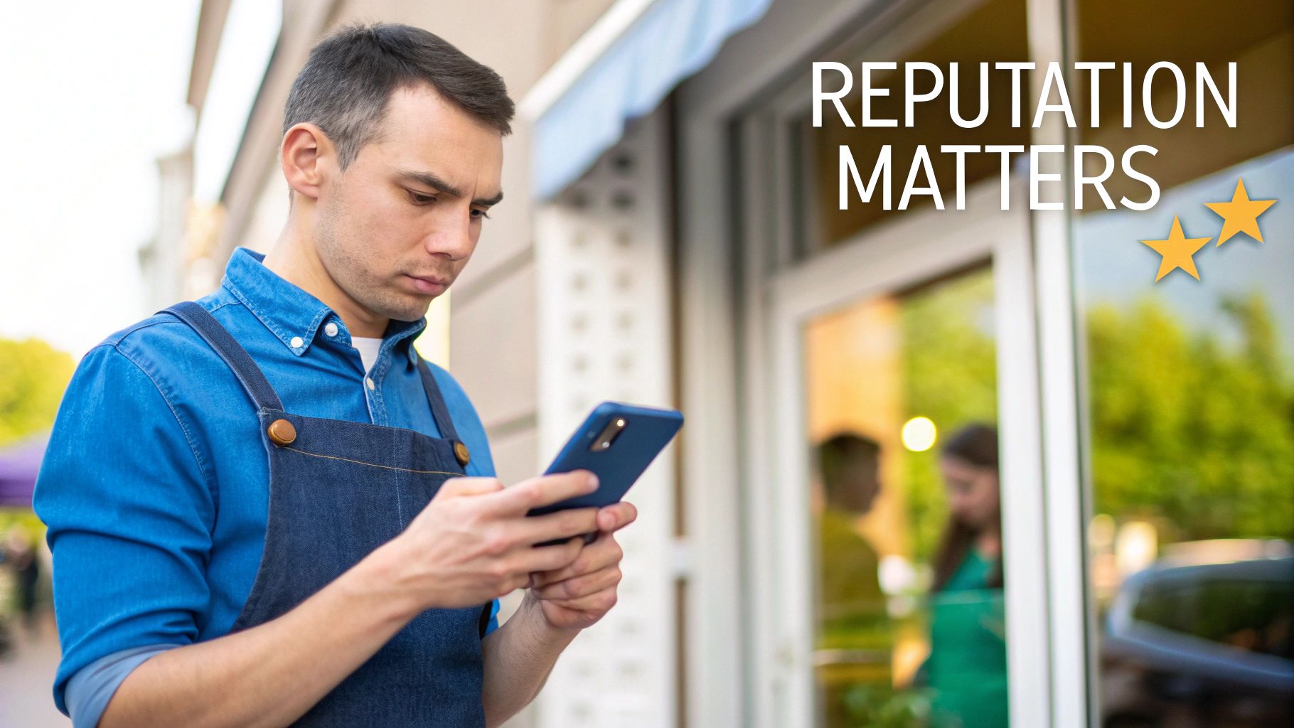 A small business owner looking worried while checking reviews on a tablet.