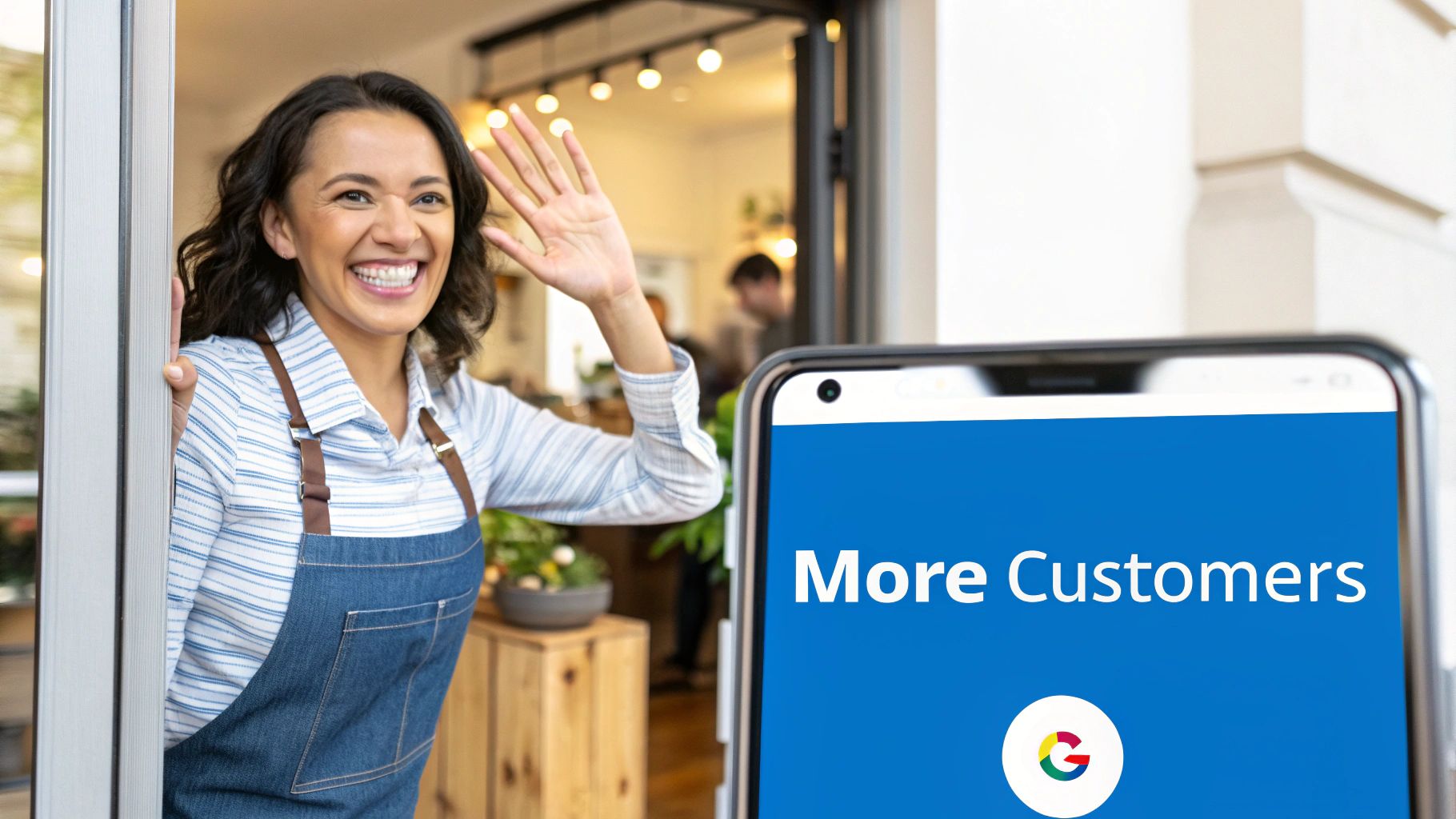 What happens if you don't claim your business on Google 4 A smiling business owner happily serving a customer, representing the success of a claimed Google Business Profile.