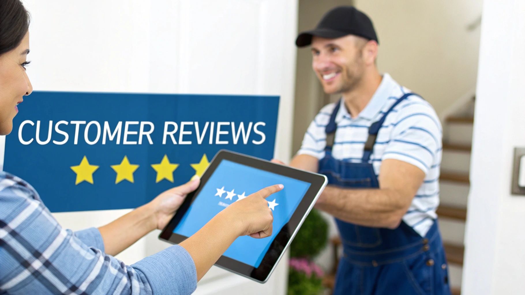 Local SEO For Home Services 2 Customer leaving five star review on tablet for home service professional after job completion