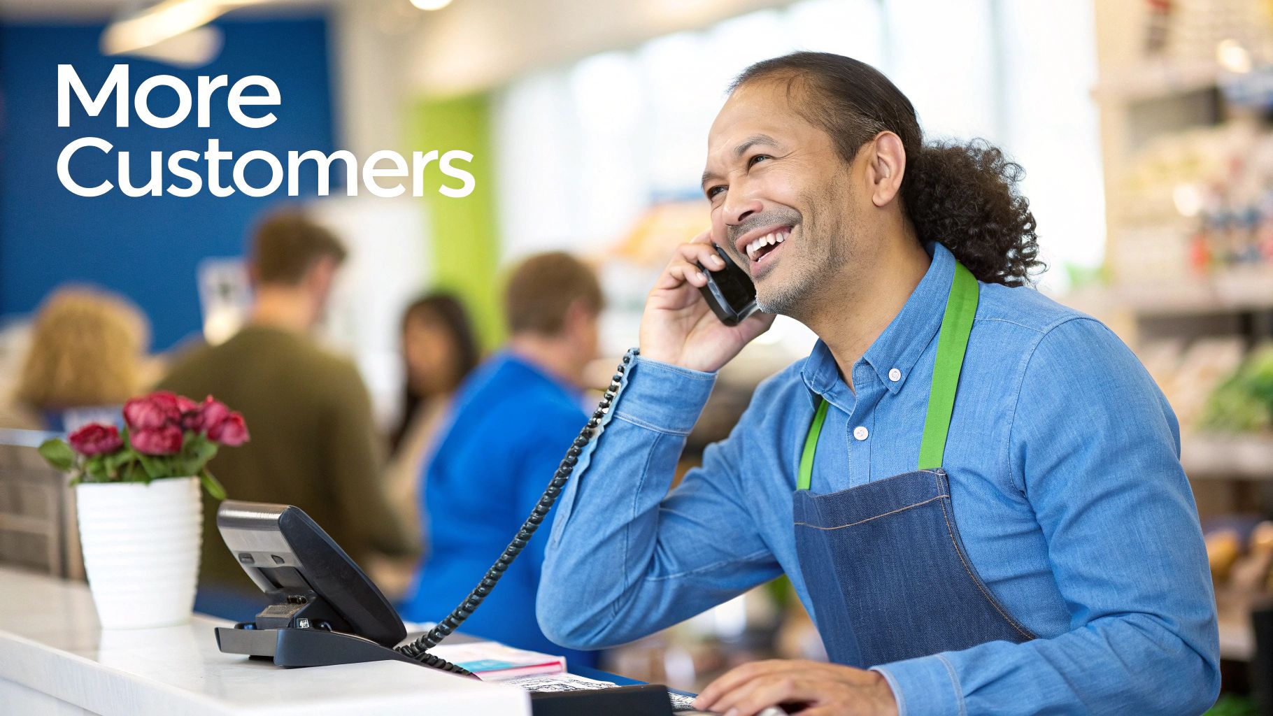 A friendly shopkeeper talking on the phone at a busy counter, attracting more customers.