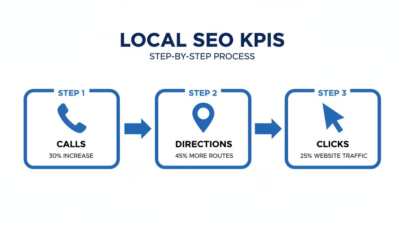 A step-by-step process diagram illustrating local SEO KPIs for calls, directions, and website clicks.